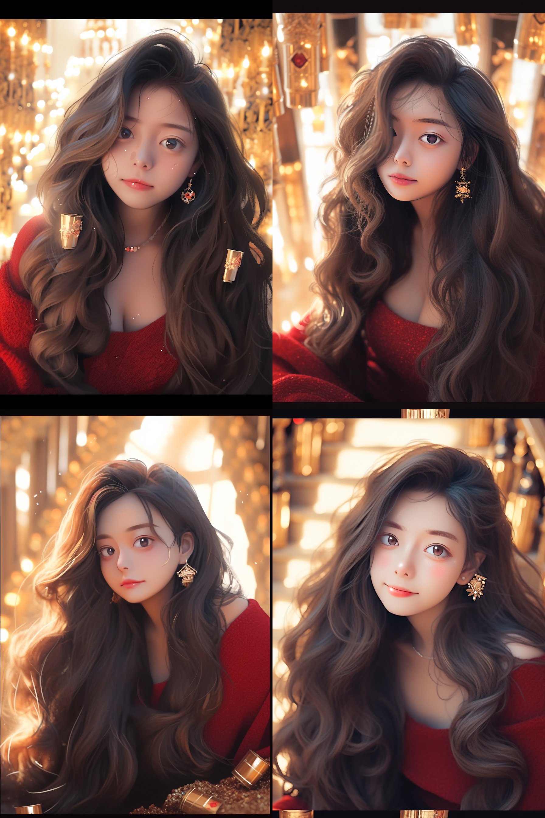 红衣服女孩，站在奢华宴会厅的大理石楼梯上，自信地微笑着。她身穿一件华丽的红色礼服，长发披肩，戴着钻石项链和耳环。背后是巨大的水晶吊灯和金色浮雕墙壁。照片风格高贵典雅，使用长焦镜头突出女孩的优雅气质。明亮的灯光营造出奢华的氛围，红色衣服突显了女孩的富豪身份。 红衣服，奢华宴会厅，大理石楼梯，自信微笑，红色礼服，长发披肩，钻石饰品，水晶吊灯，金色浮雕墙壁，高贵典雅，长焦镜头，明亮灯光，富豪身份。