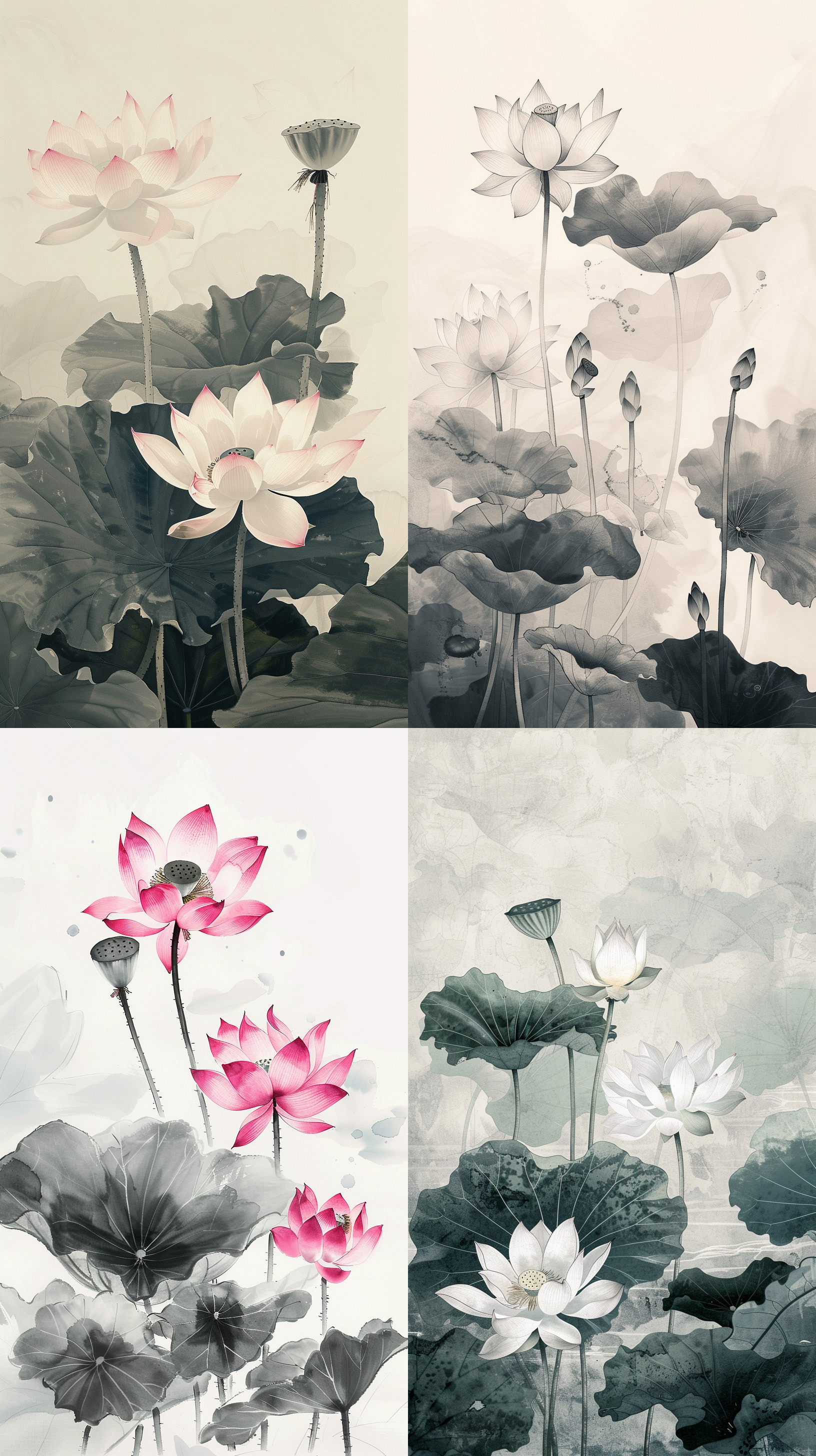 lotus flowers bloom, rendered in ink wash painting style, featuring a minimalist layout, a serene ambience, crisp details, sidelight backlighting, soft hues, delicate brushstrokes, graceful expansion, and an elegant and refined atmosphere.