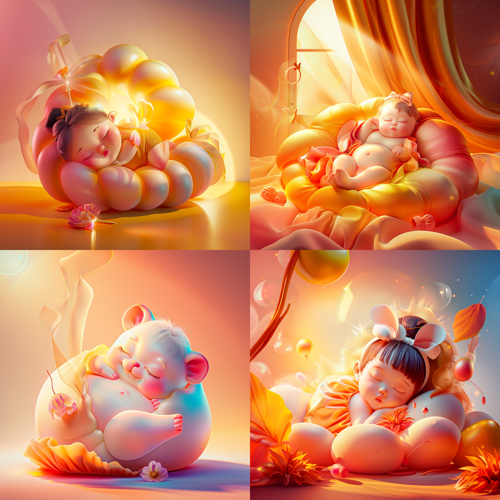 中国龙，胖胖的，q版，趴着睡觉 q版风格，童趣，暖色调，近景，软光，睡眠，可爱，卡通风格，梦幻色彩。