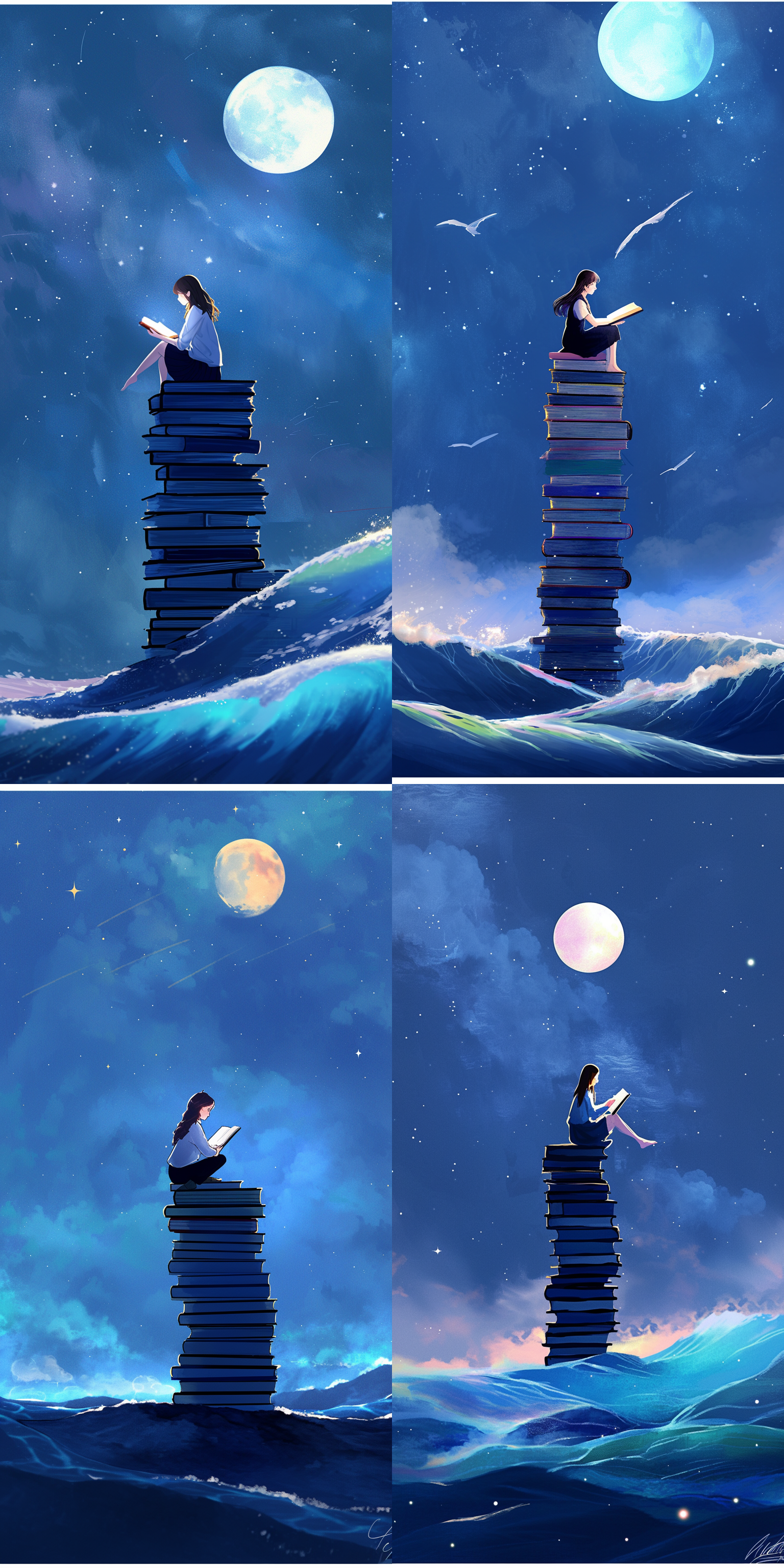 读书，女孩，星空，蓝色，云，浪，梦幻