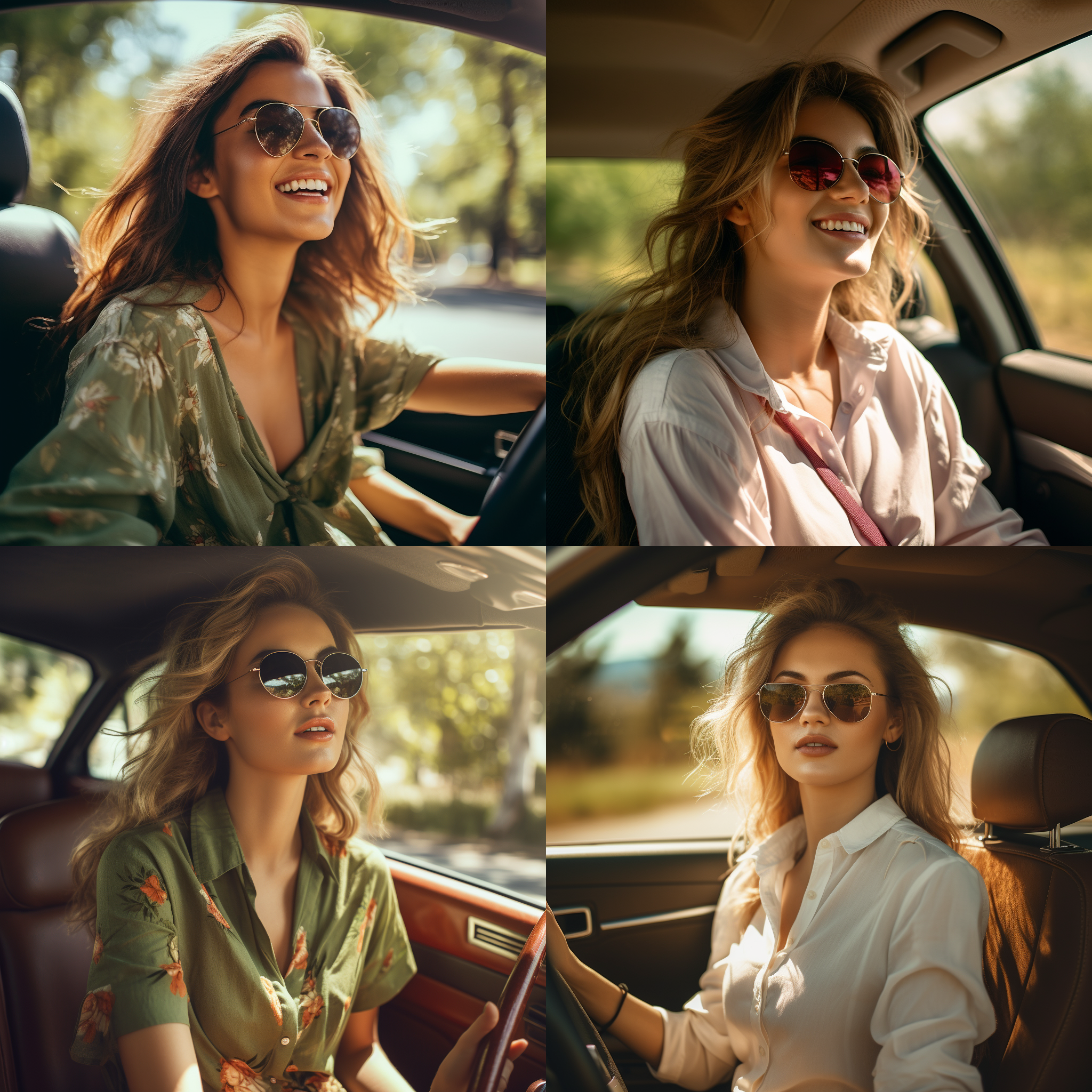 美女开车，明媚马路，绿树成荫，风景如画，阳光明媚，驾驶座侧面特写，时尚装扮，微笑面容，广角镜头，高饱和度，动感，自由。