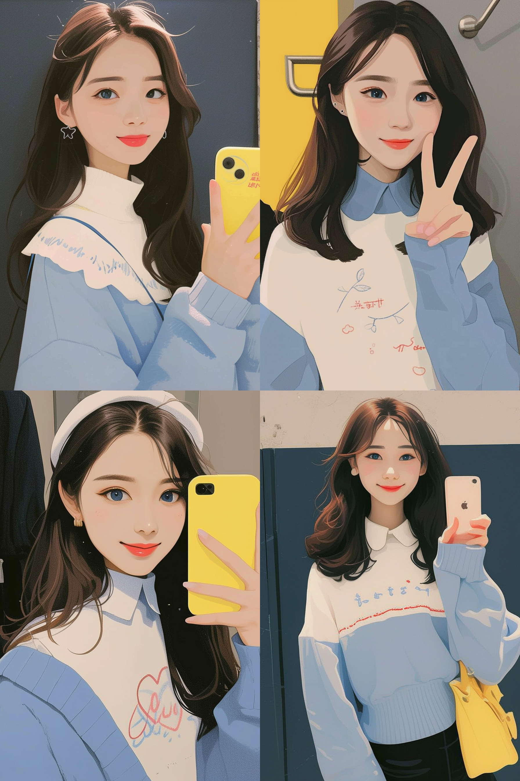 中国女孩，黑发蓝眼，面对镜头，克莱因蓝背景，极简主义画家风格，抽象memphis墨菲斯风格，平面插图，矢量插图，极简扁平化风格，明亮色彩，微笑，自信。