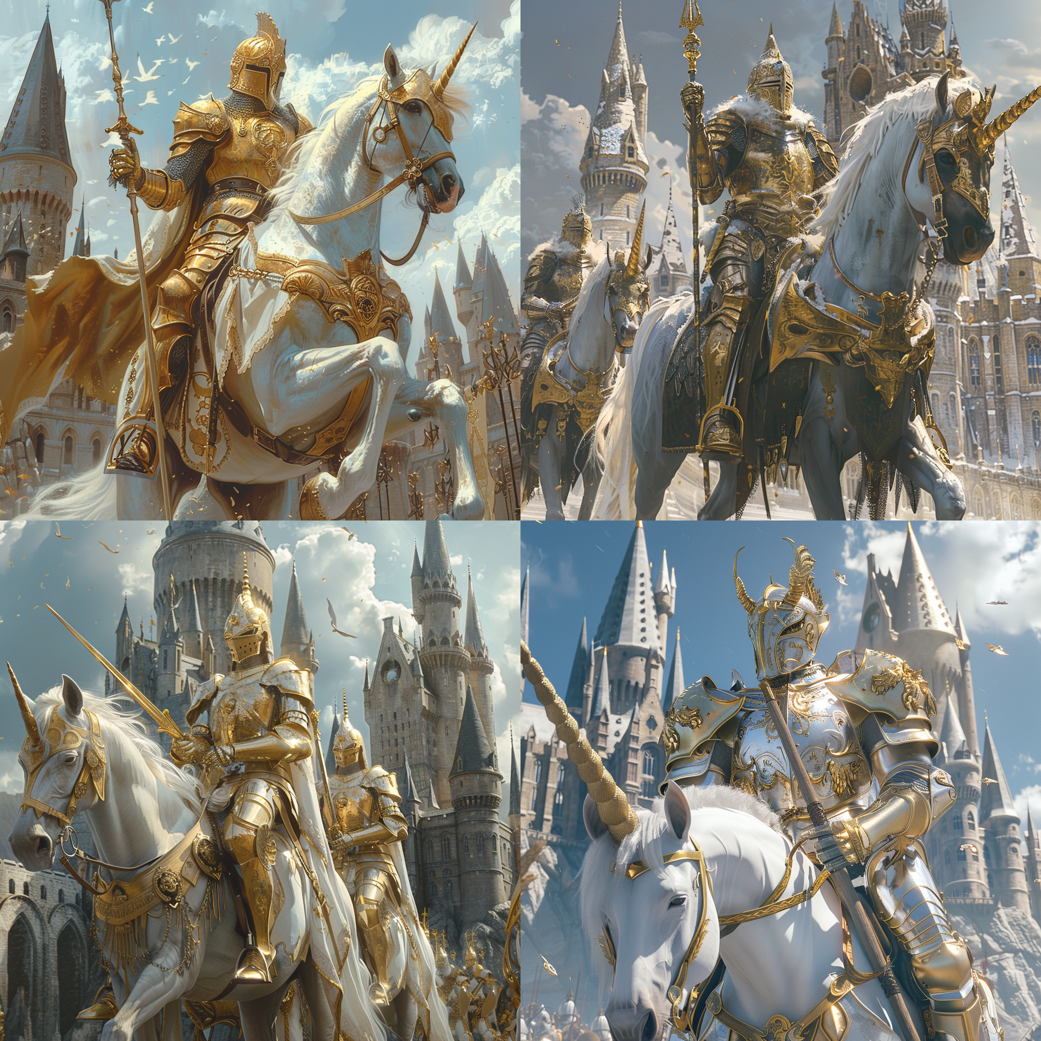 骑士挥舞精工板甲，金色和白色，安督利尔骑独角兽，霍格沃茨城堡背景，庄严肃穆，使命感，厚重，神圣，光环，高细节，8k。