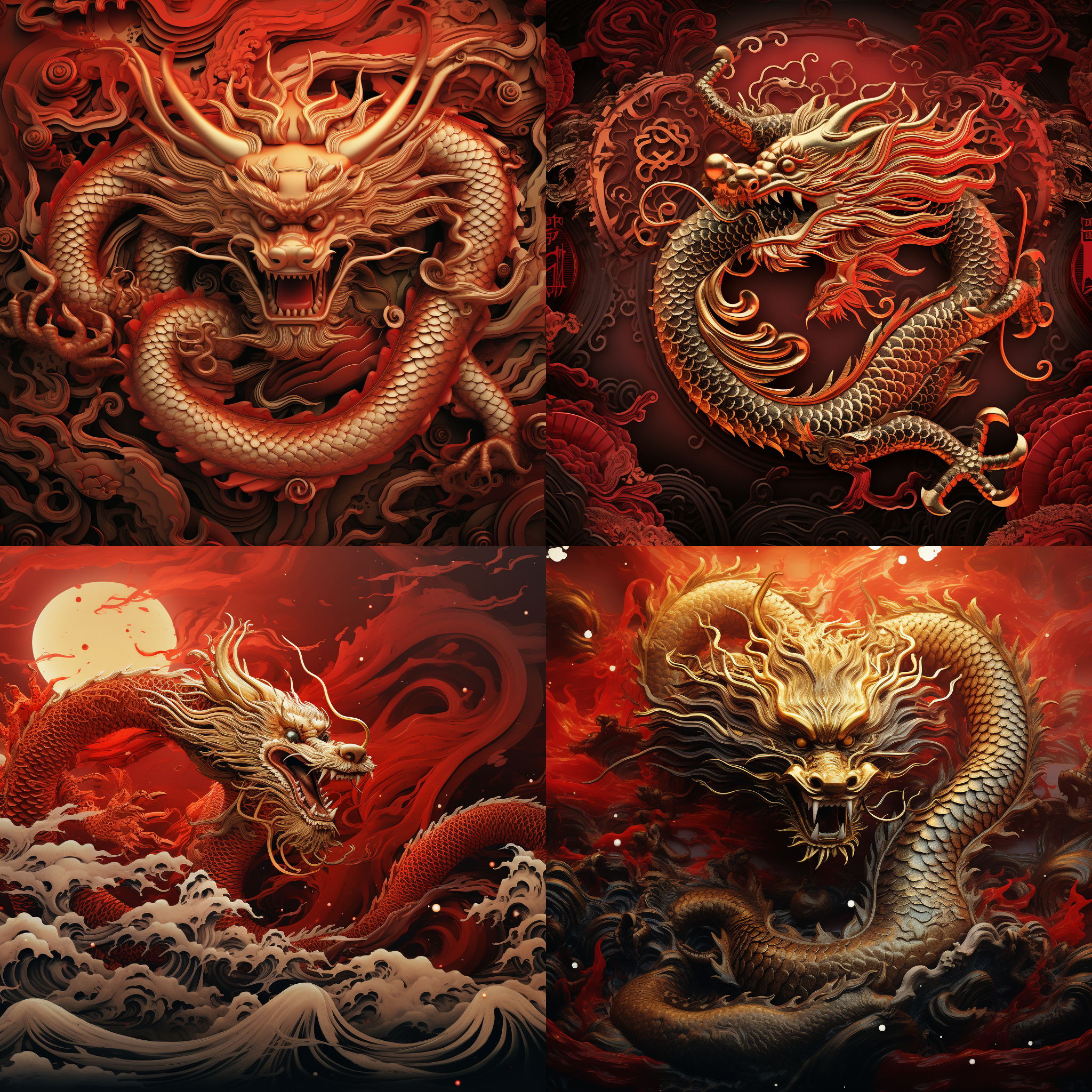 中国龙年画，近景，中国元素 传统绘画，红色主调，细节丰富，水墨效果，龙图案，金色装饰，侧光，祥云飘动，神秘，庄严。