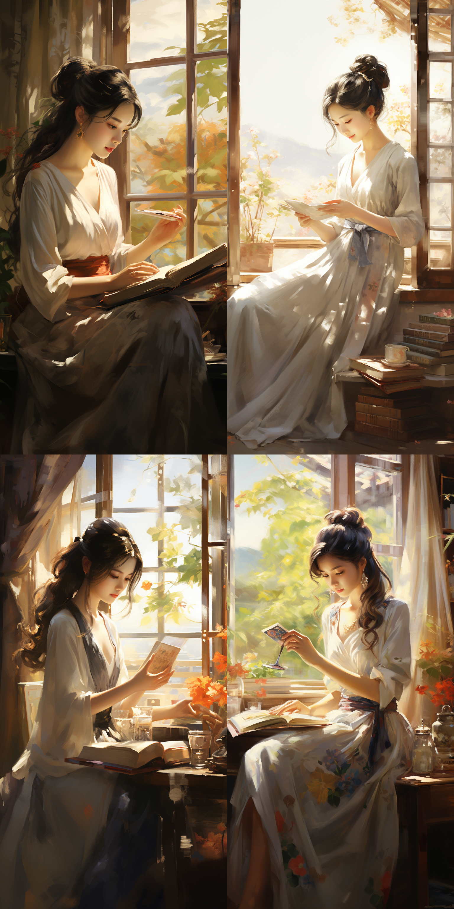 中国女人看书，坐在窗前，阳光透过纱帘洒落。她穿着传统的旗袍，黑发披肩，脸上带着专注和安静的表情。书架上摆满了古籍和现代文学作品。背景墙上挂着一幅山水画，与她的目光交汇。明亮的色调，柔和的光线，细致的细节，宁静的氛围。