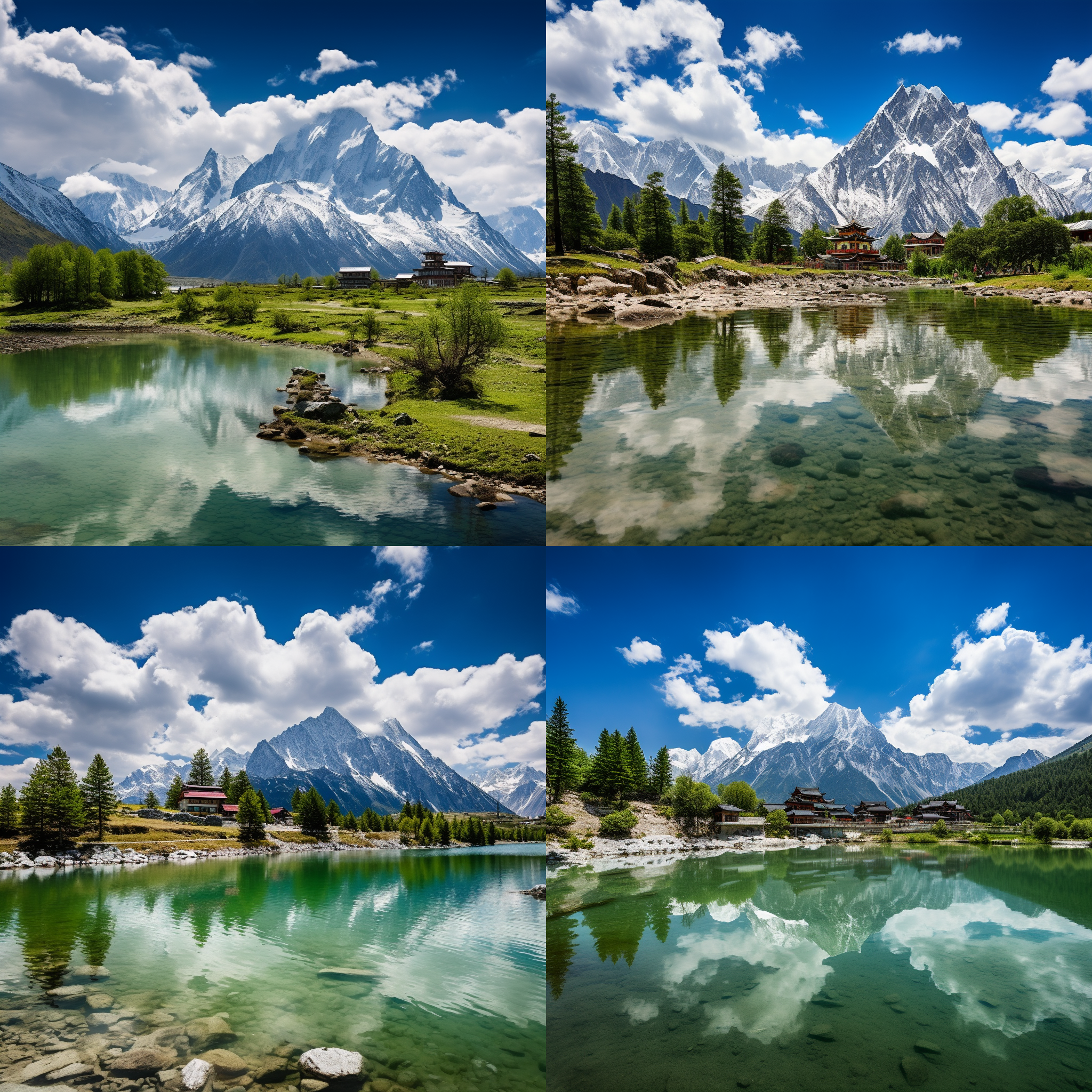 玉龙雪山，壮丽的雪山景色，蓝天白云，山巅上有一座寺庙，庙内香烟袅袅，山脚下是一片翠绿的草地，湖水清澈见底，远处有几只野生动物在嬉戏。广角镜头，饱和度高，自然光线，静态构图，和谐色调，宁静，美丽。