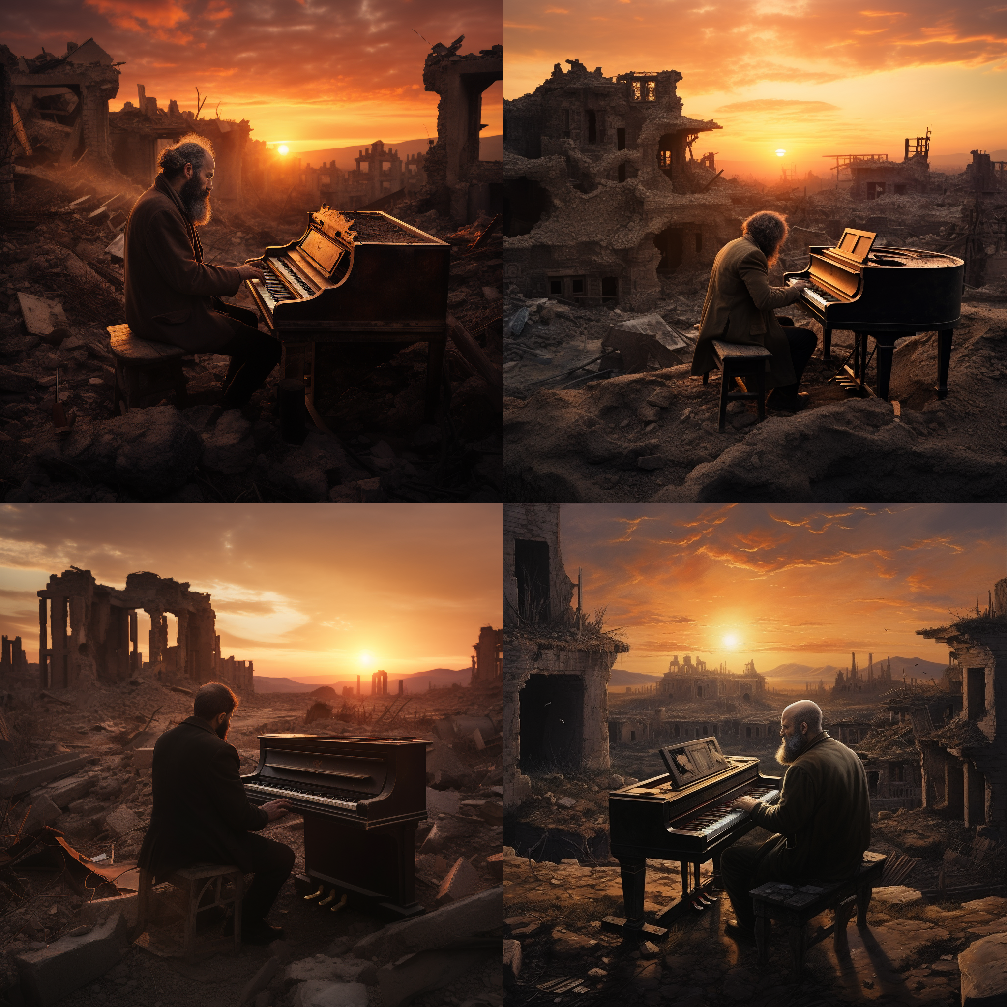 一个中年男人，有胡子，在战乱废墟前弹钢琴，夕阳