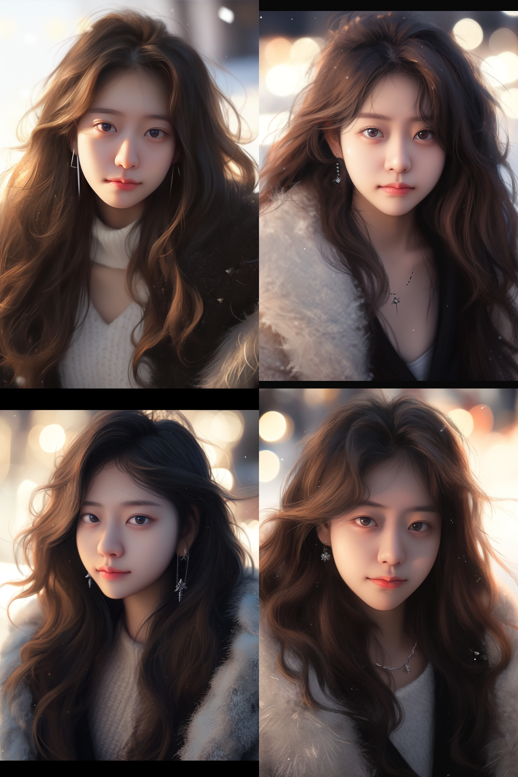 女生穿着一件华丽的皮草外套，站在雪地中央的树林中。她的长发随风飘扬，面容冷峻但充满自信。照片以对角线构图，突出她与自然环境的对比。使用长焦镜头，突出细节和纹理。整体风格高级时尚，黑白色调，寒冷的气氛，展现出女生的自由和独立。