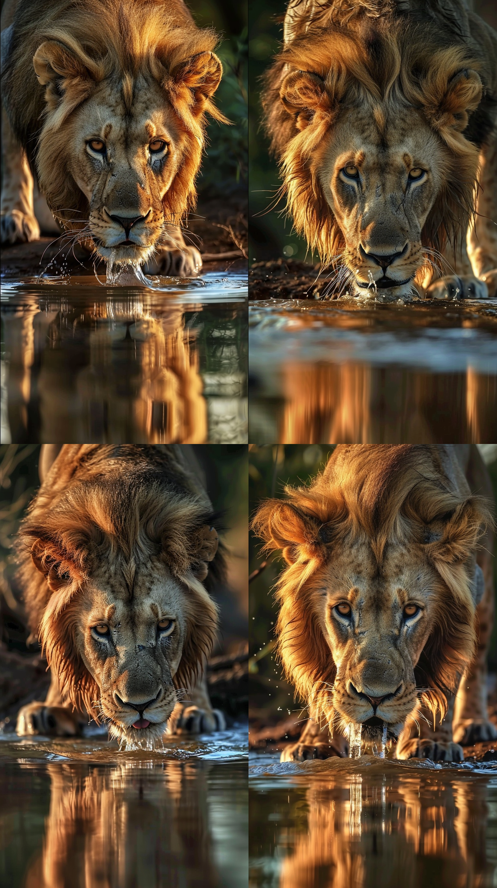 雄狮喝水，夕阳下，细节特写，金色鬃毛，威严表情，清澈河水，动态模糊，长焦镜头，暖色调，水滴飞溅，饥渴，满足。