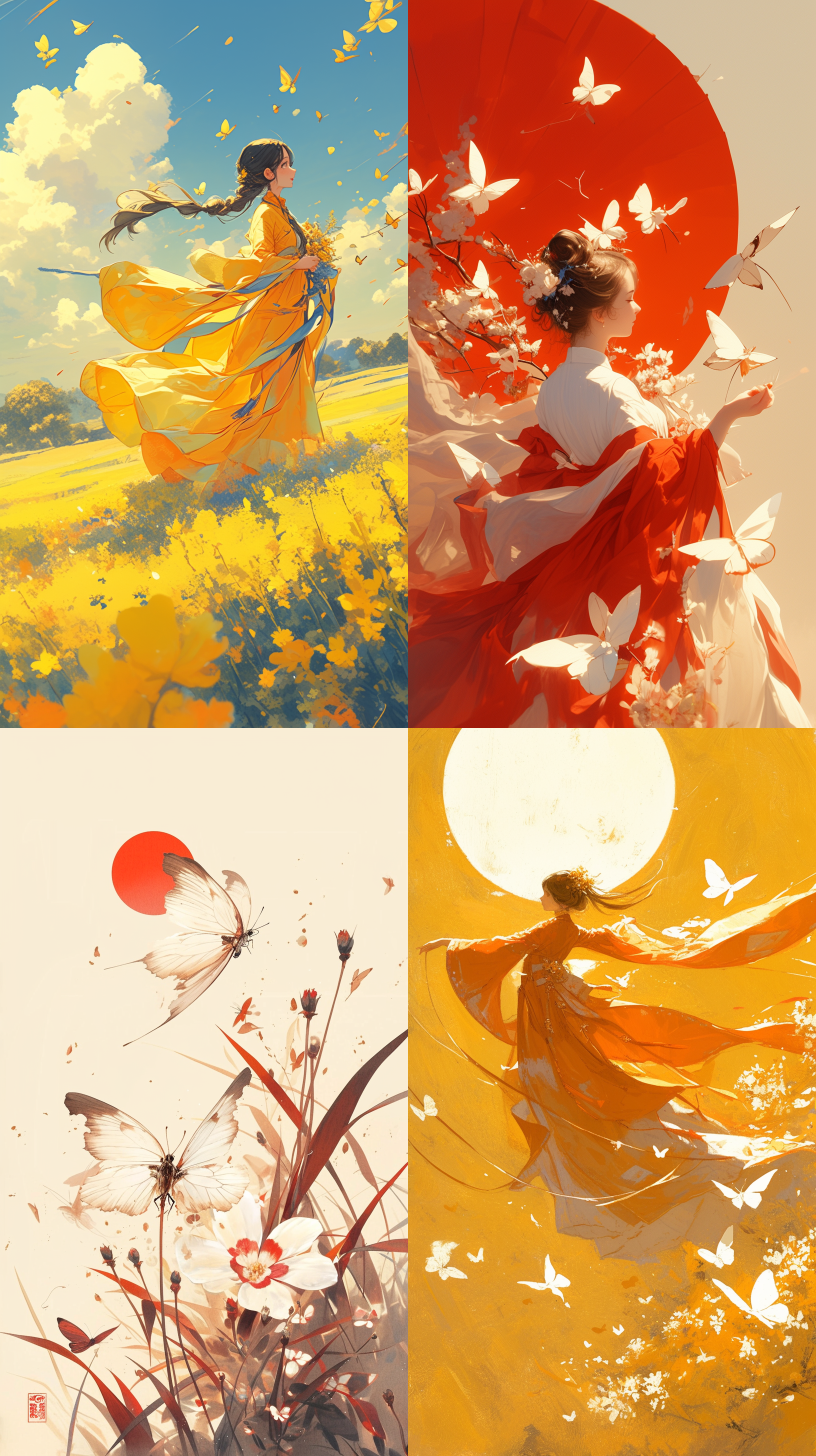 中国画风，明亮鲜艳，平衡构图，突出主题。温暖的色调和柔和的光线增强了和谐氛围。蝴蝶翩翩起舞，展现生命活力和喜悦。春天，花朵，阳光，田野，明亮，鲜艳，平衡，和谐，温暖，柔和，活力，喜悦。