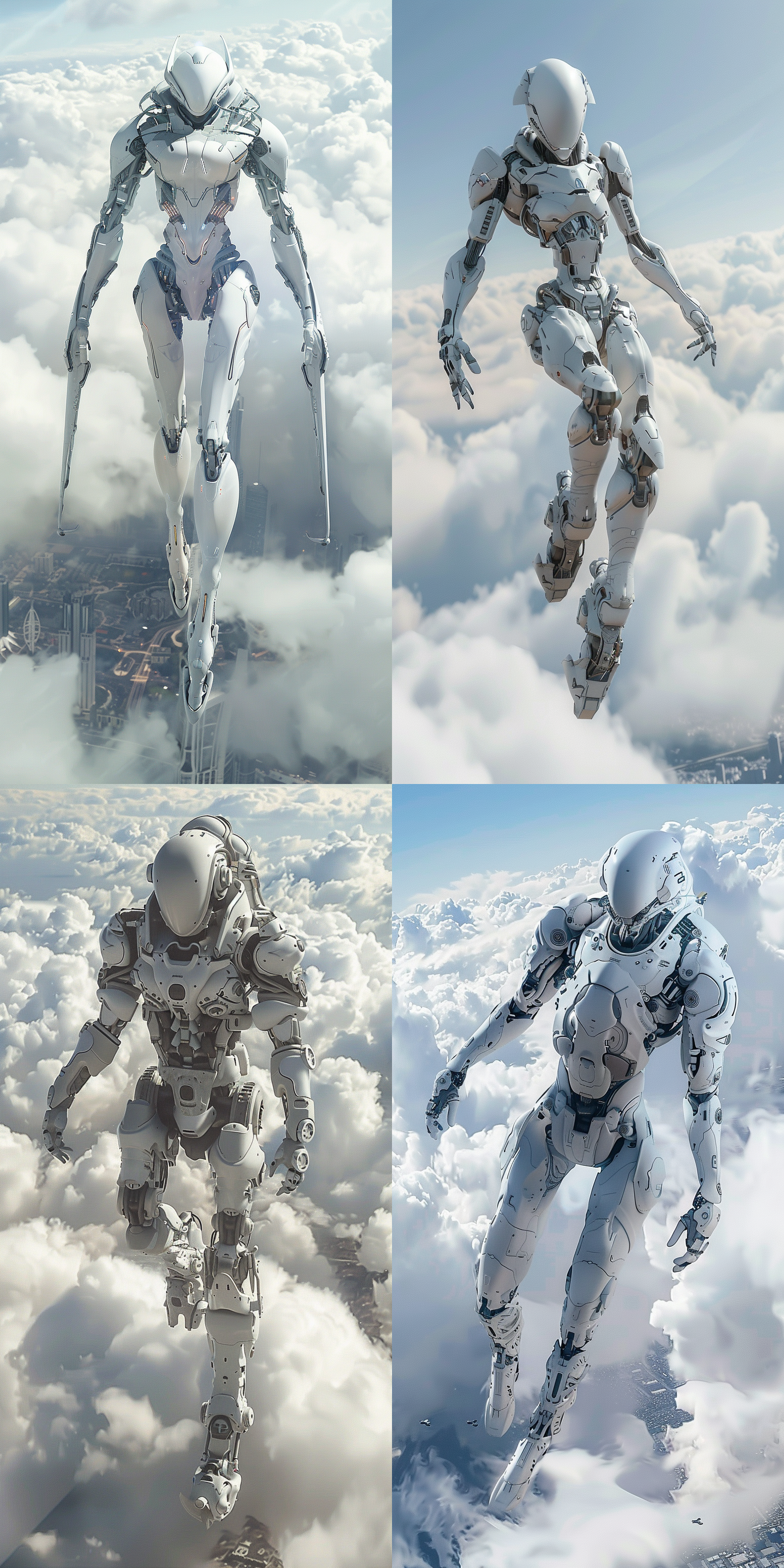 a white mecha style alien , flying above clouds with a faint urban skyline beneath them , in the style of realistic lifelike figures , animecore , gravity - defying architecture , white and silver , flickr , full body , hard edge painter