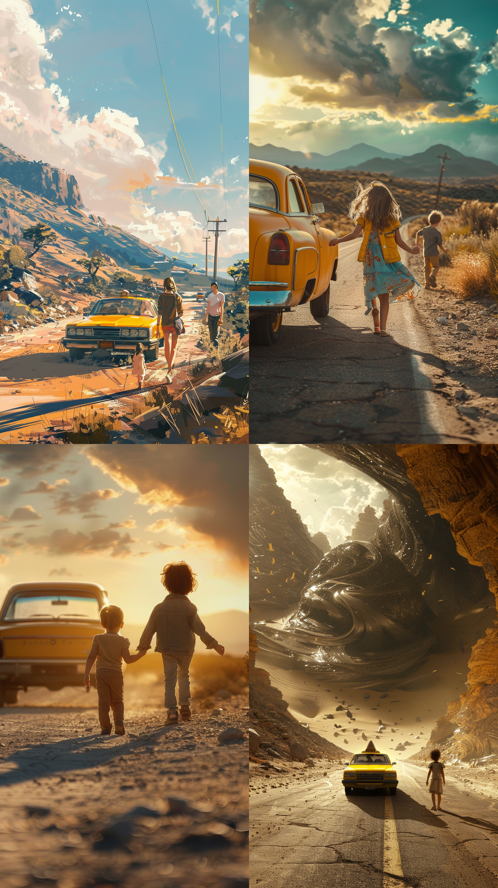 沙漠公路，男子与女孩，黄色出租车，全景，逆光，温馨，清新，夹克上衣，6岁女孩，牵手，阳光，沙漠风景，柔和色调。