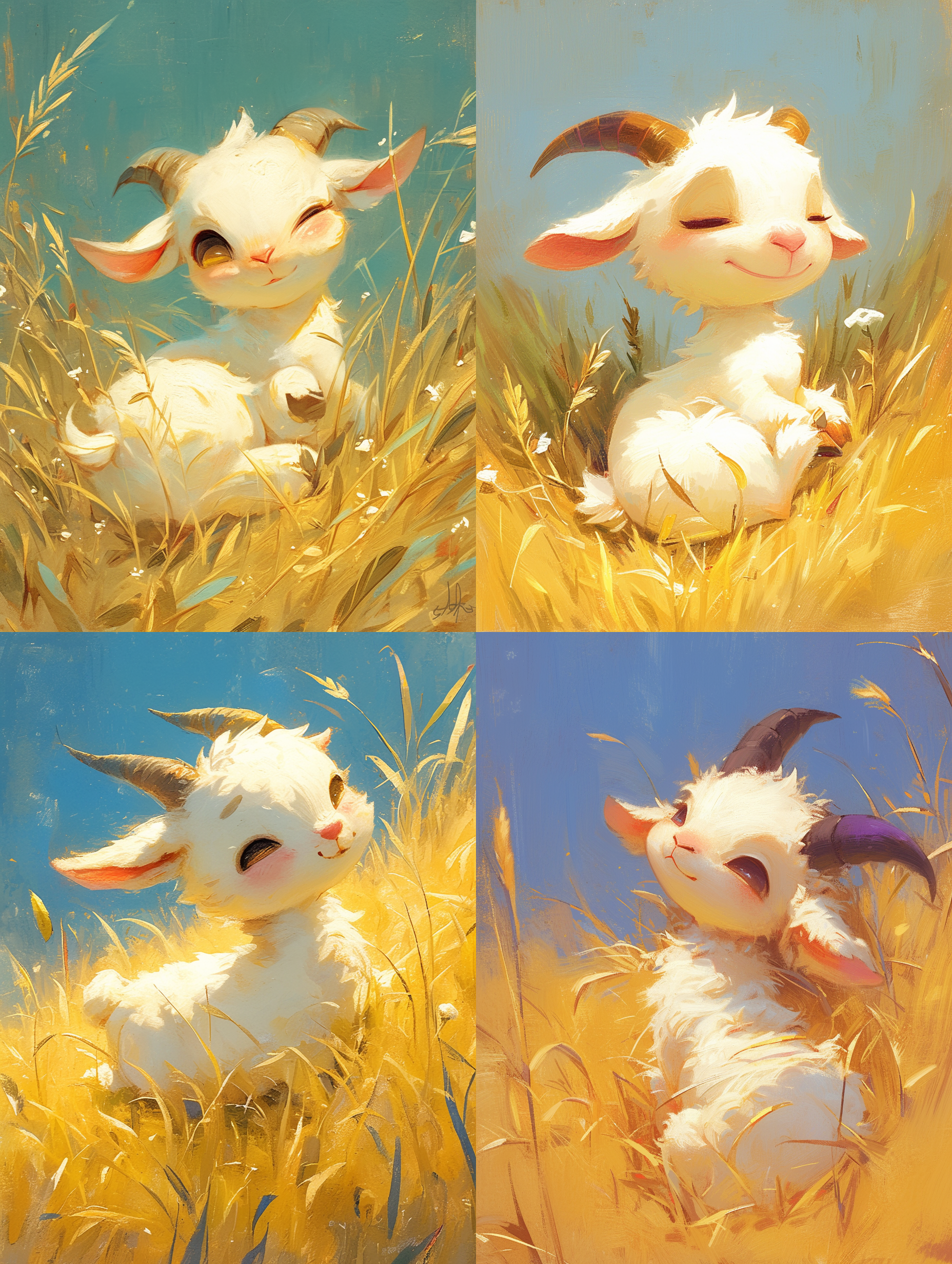 颗粒纹理，卡通山羊，可爱，治愈系，风吹草地，油画质感