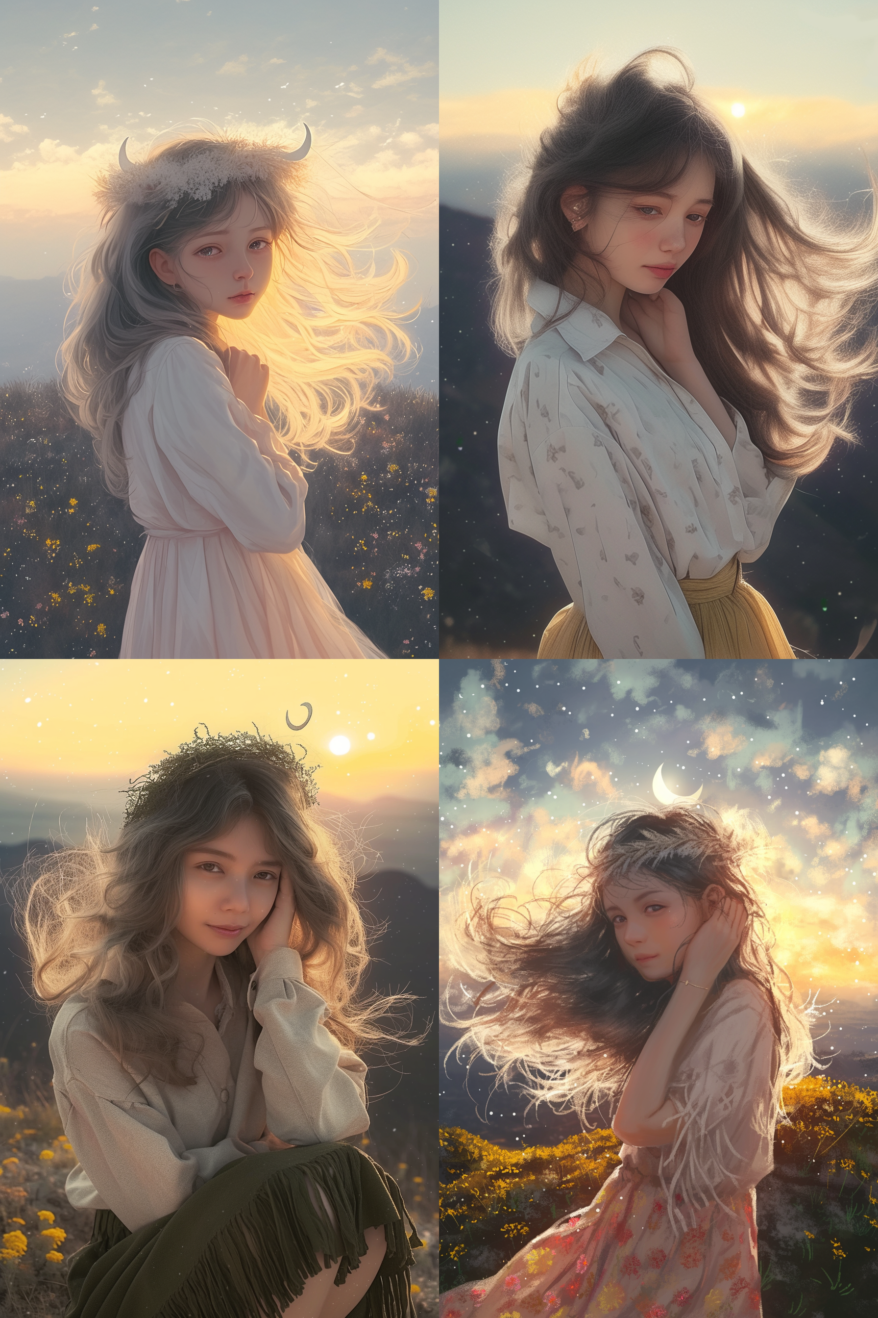 白羊座少女在日落时分独自站在山顶，头戴花环，身着流苏裙，微笑看向远方。风景优美，温暖色调，正面构图，肖像摄影，长焦镜头，柔和侧光，抓拍，自然元素，温馨，自信。