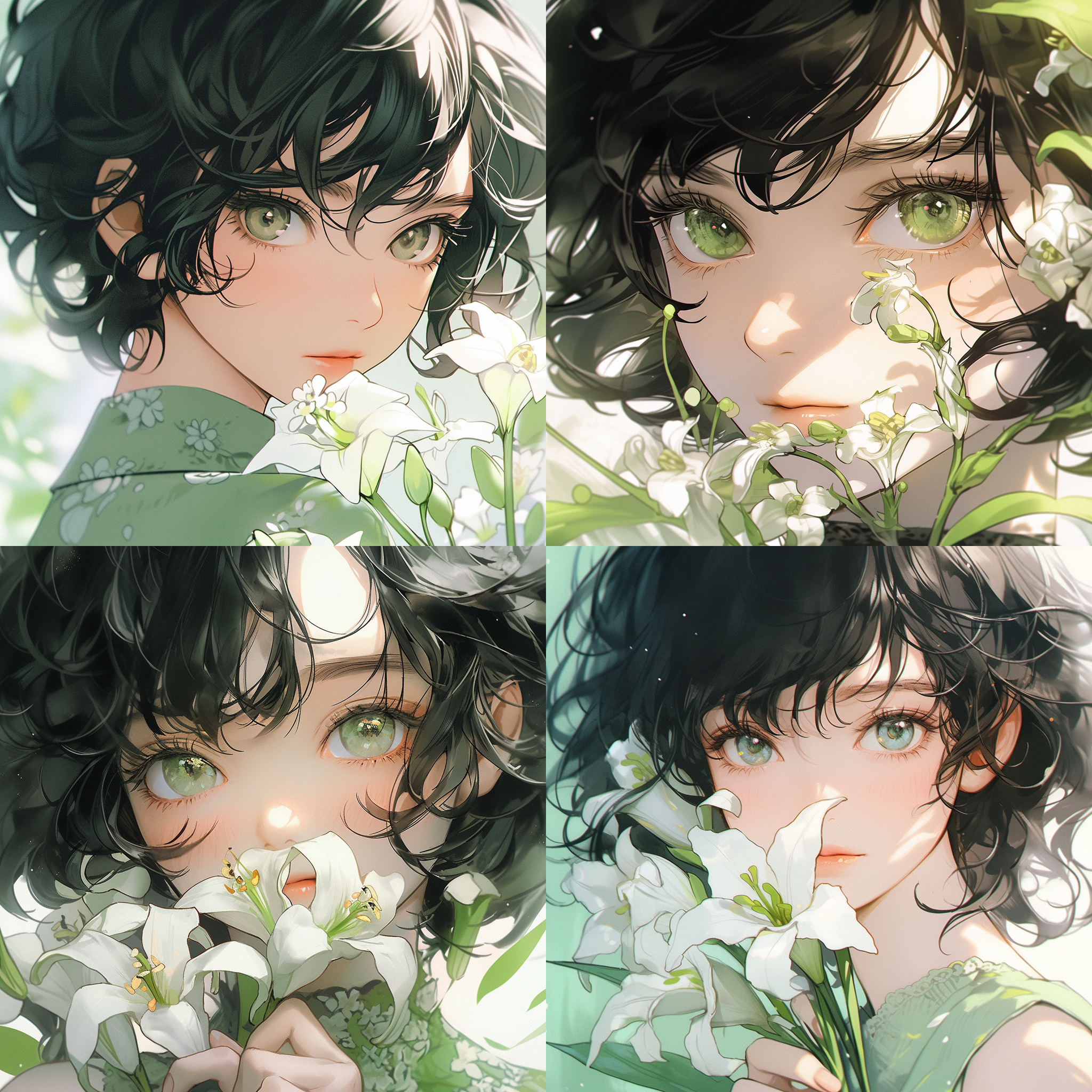 线条插画,近景,白色花边圆领,黑色卷发bob,haircut,水汪汪的大眼睛,皮肤光滑细腻,holding,green,flowers,in,her,hand,toshield,on,eye,绿色,上半身特写,正面中心构图,全景模糊,32k,uhd,正确的人体解剖学,人体躯干学。张家界,莫奈油画