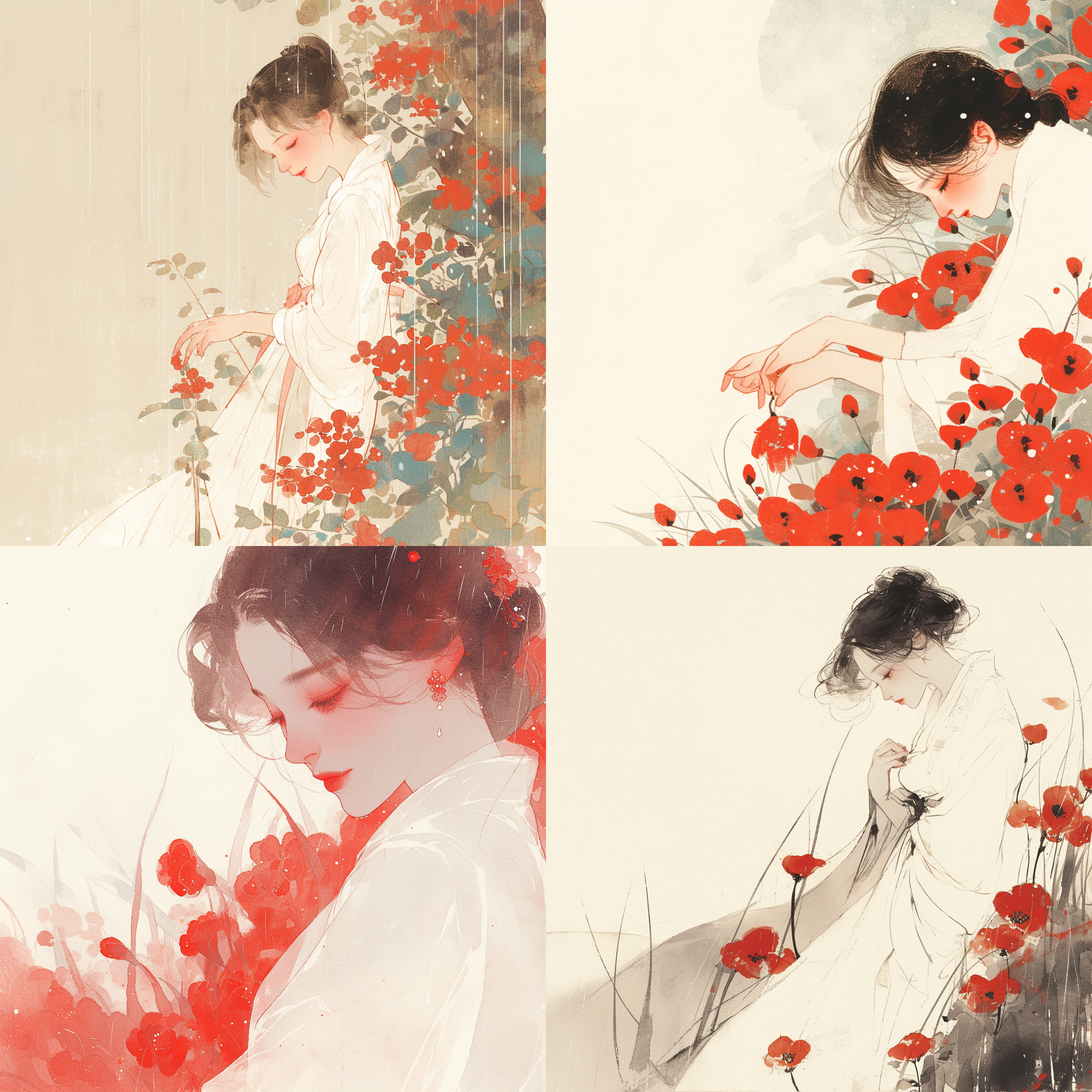 白裙女子采花，中国风水墨画风格，红彼岸花雨珠，细雨中，对角线布局，暖色调，面部表情专注，50毫米镜头，柔和侧光，静态动作，优雅。