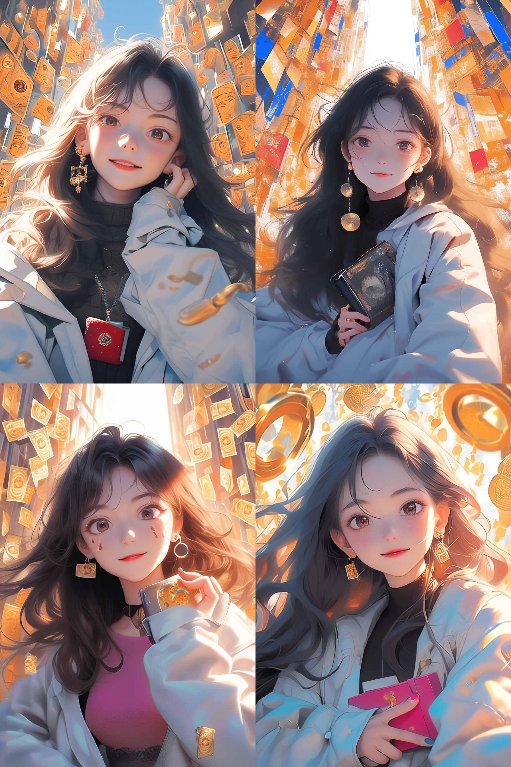 白衣服红外套的女生，暴富图，动漫画质，平面化风格，街头背景，鱼眼镜头，明亮色调，自信微笑，手中拿着钱包，金钱雨飞舞，欢快。