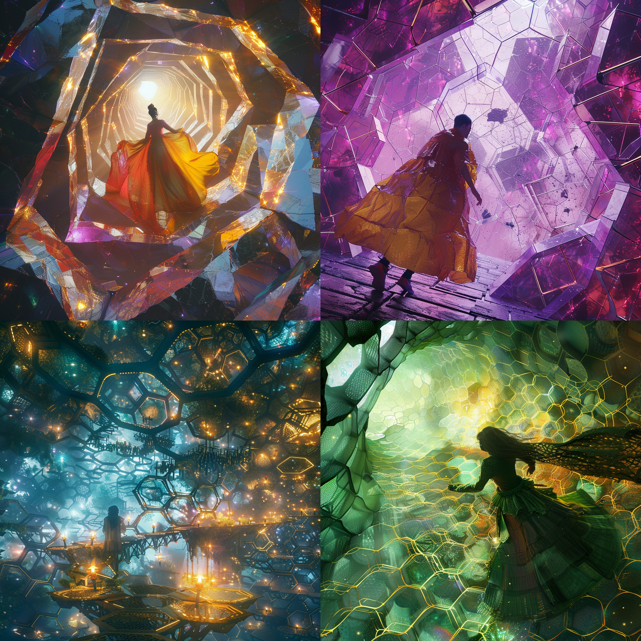 六边形世界层叠，无知者舞动其中。, 六边形布局，奇幻风格，多层次，人物特写，超广角镜头，神秘光影，静态，奇幻色彩，惊奇。