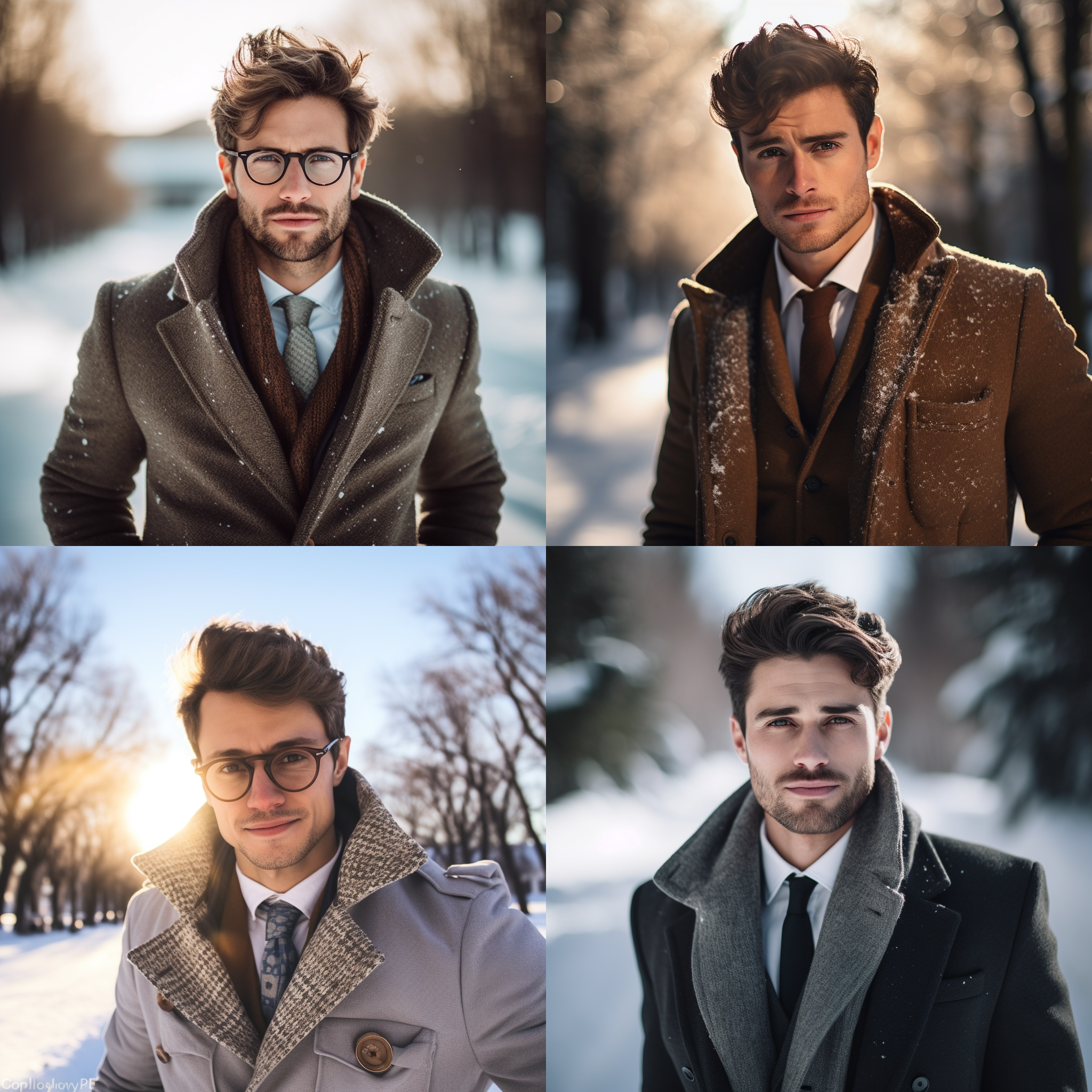 拍摄，阳光照射，冷色调，自然光，眼神坚定，自信微笑，绅士风格，广角镜头，雪地，大眼睛，挺拔姿态，温暖。