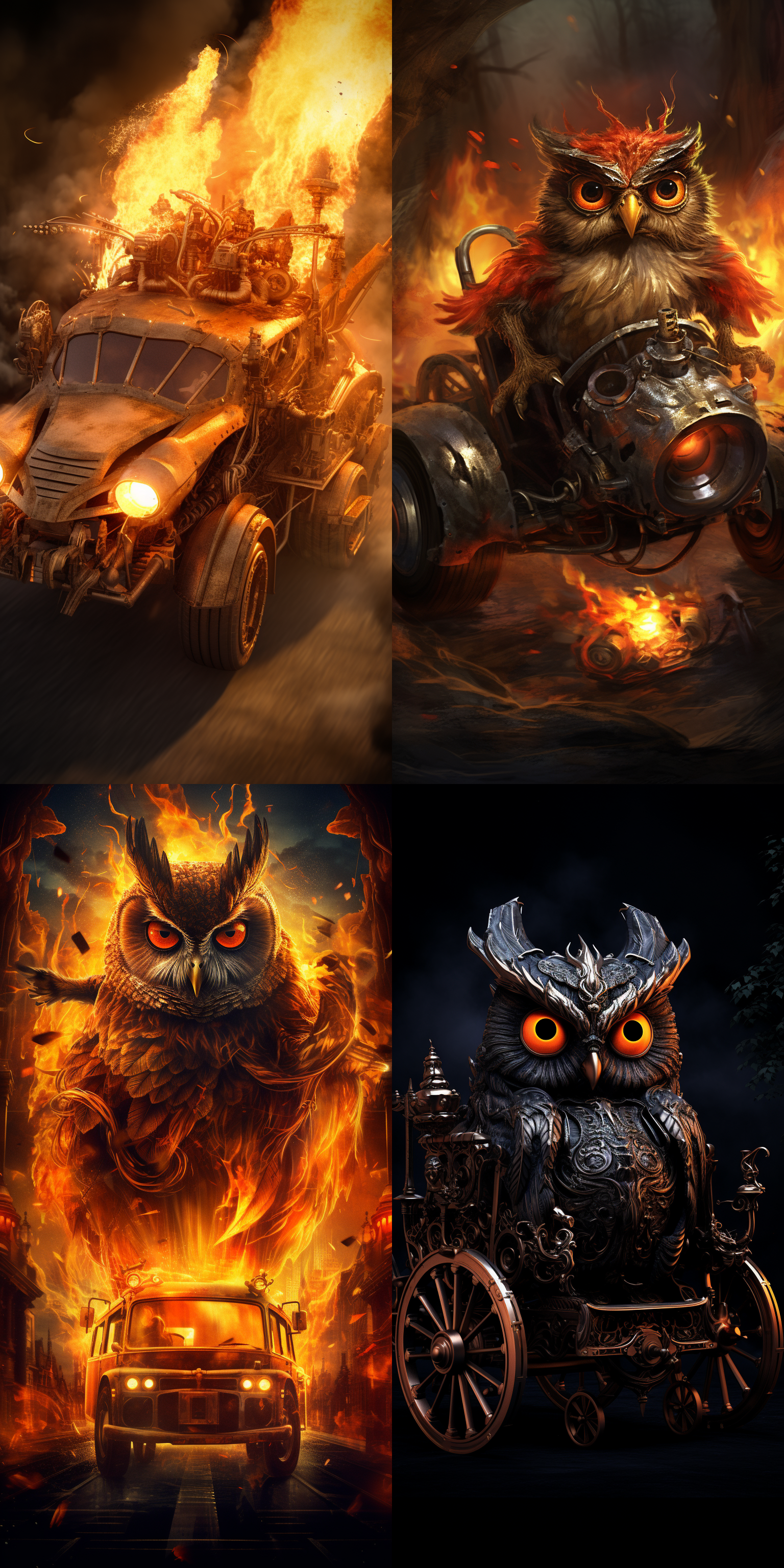 owl is driving a huge fire car,orange color,steampunk