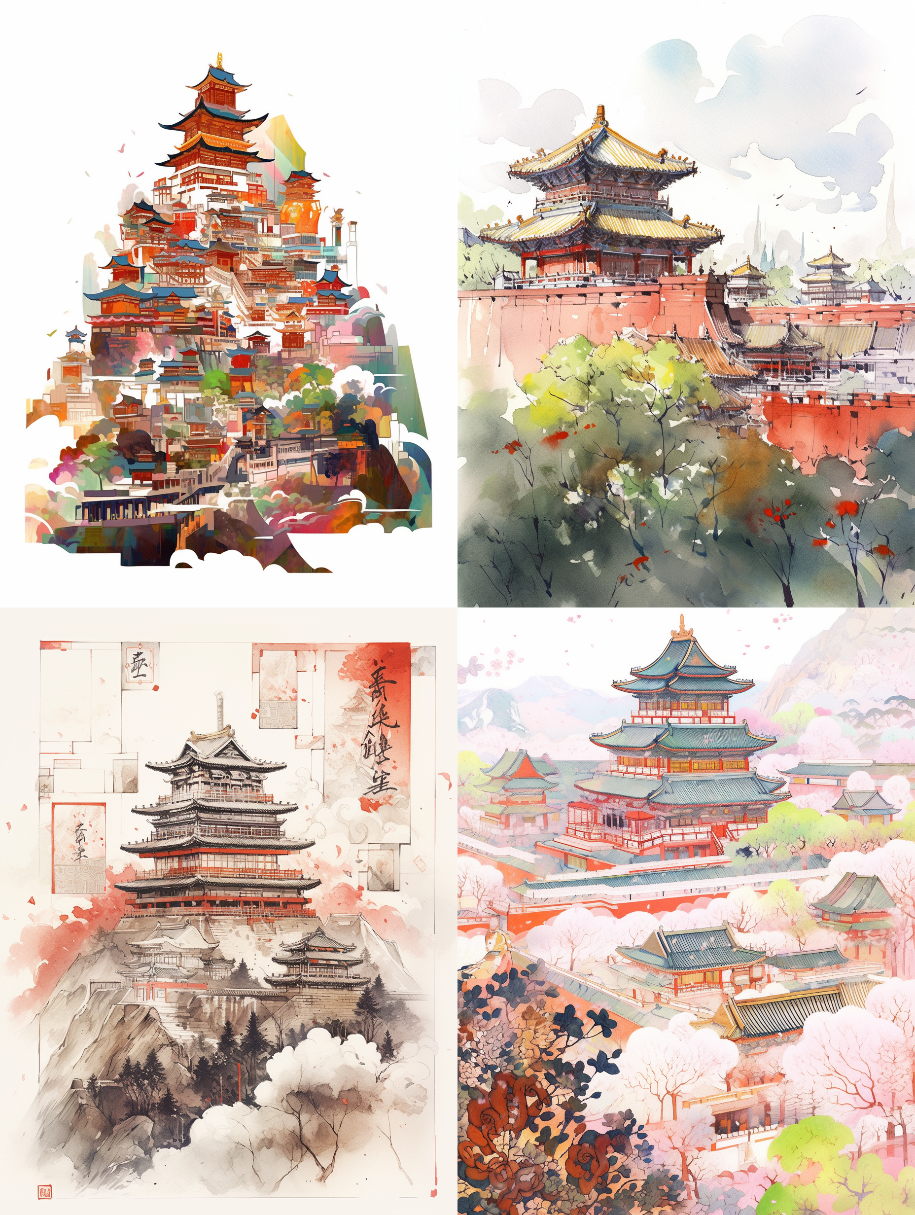 chinese beijing architecture landscape painting, the forbidden city, the forbidden city and the great wall, high mountains, many trees, floral patterns, and rich colors，colourful，monotype, ink post stamp, dye-transfer, cartoon, white background，3k