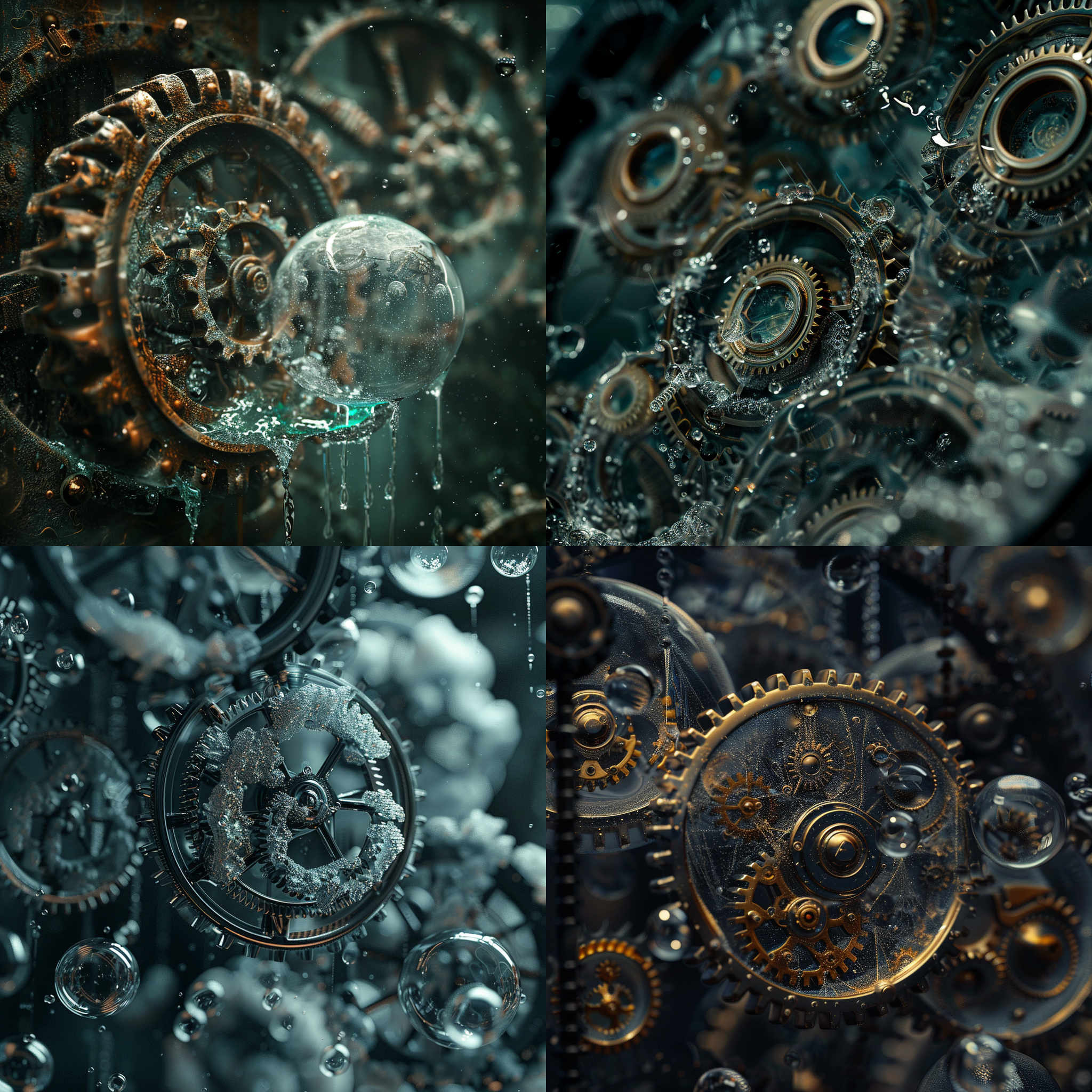 盲目渴望秩序，齿轮咬合，远处的秩序之轮与混沌之球对此视而不见，最终被代表秩序的精密仪器化为一串漂向未来的泡沫。抽象构图，机械风格，冷色调，微距镜头，静态，气泡，准确。