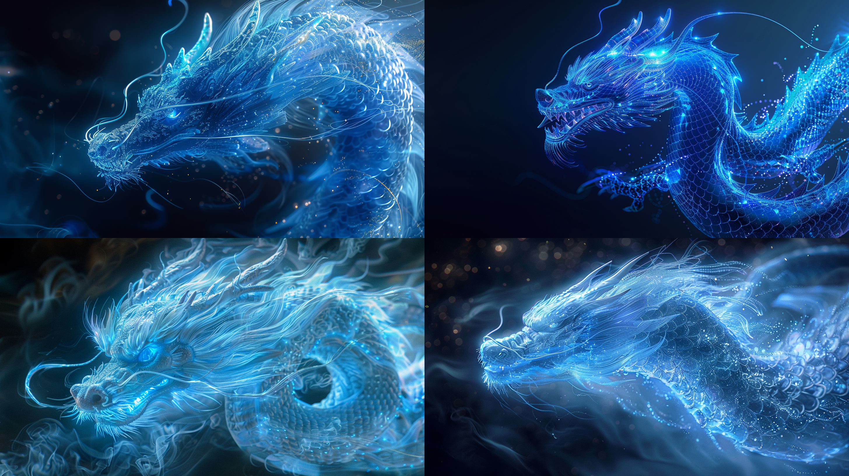 半透明中华游龙，细致线条构成，发光点缀，数字化外观，逼真外观，抽象光线拉丝网络，高亮度，数码风格，光影效果，蓝色调，神秘感，广角镜头