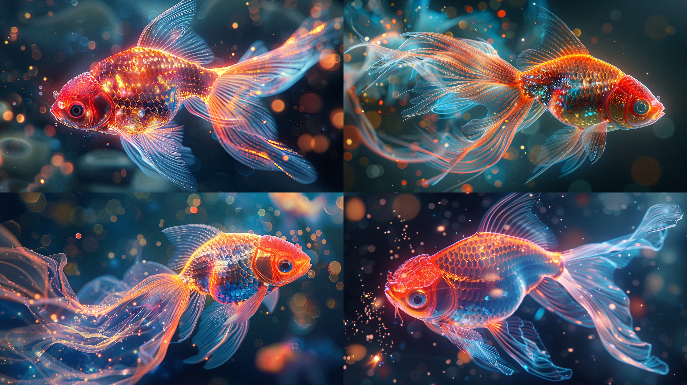 半透明鹤顶红金鱼，细致线条构成，发光点缀，数字化外观，逼真外观，抽象光线拉丝网络，高亮度，数码风格，光影效果，蓝色调，神秘感