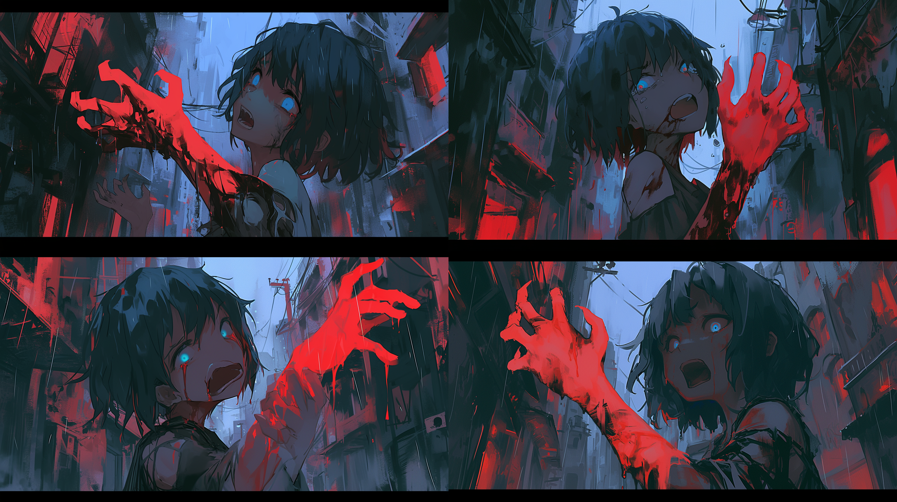 城市巷子里背景，下雨夜晚，水洼，女生抓住自己的左手，左手变成红色的恶魔之手，神情痛苦绝望，哭泣，身穿破旧衣服，左眼是红色的恶魔眼睛，右眼是蓝色瞳孔