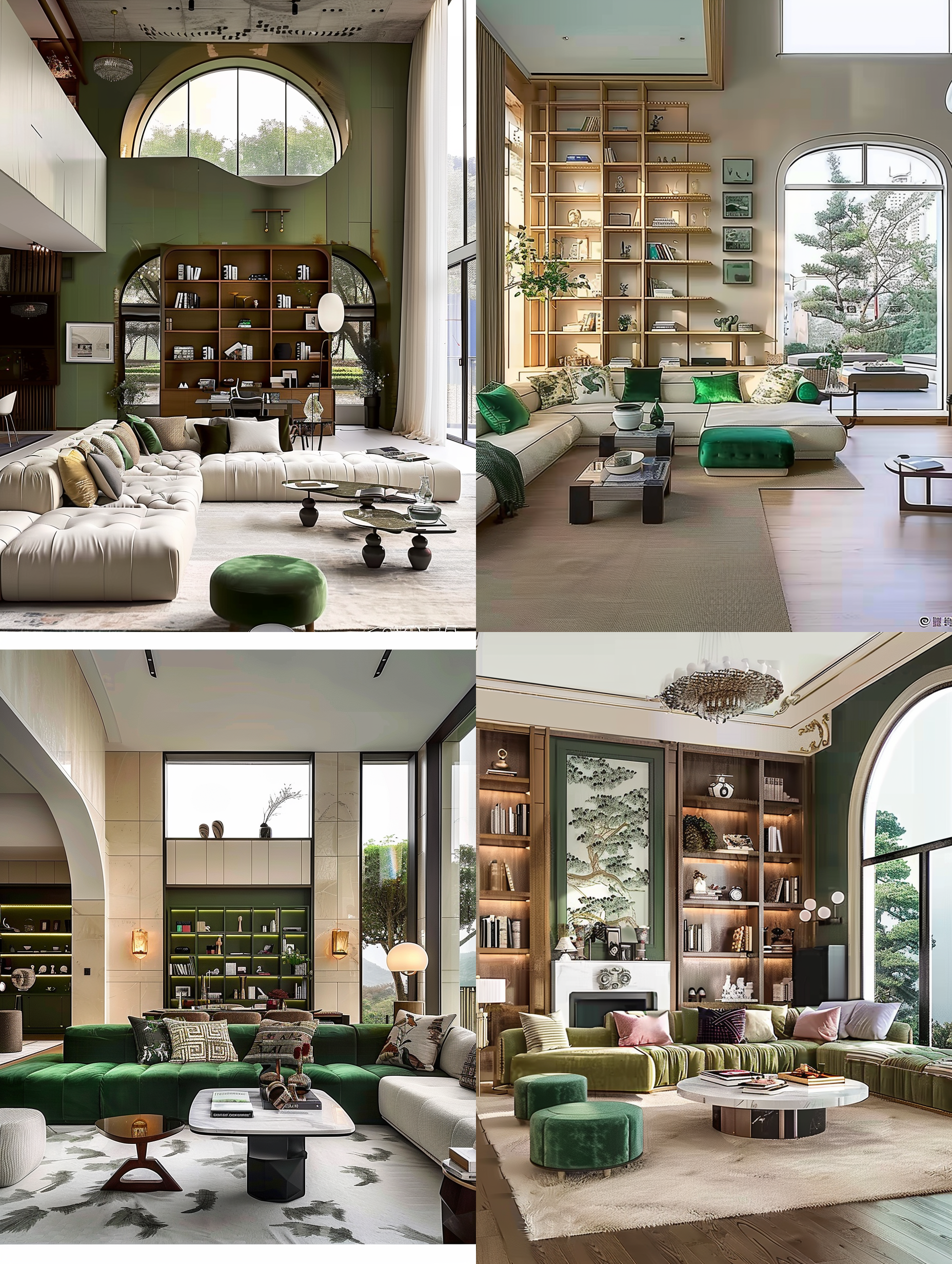 挑高大客厅，挑高8米，大落地书柜，浅色或金色调为主，绿色为点缀色，大沙发平衡对称，大别墅，窗外大树，大落地窗，法式或现代家具，复古现代装饰，空间浅色调，文化氛围，书籍摆放在书桌和茶几上，品味感，艺术风格，经典与时尚融合，当代时尚极简大宅设计，广角镜头，明亮的自然光，优雅，充满活力。