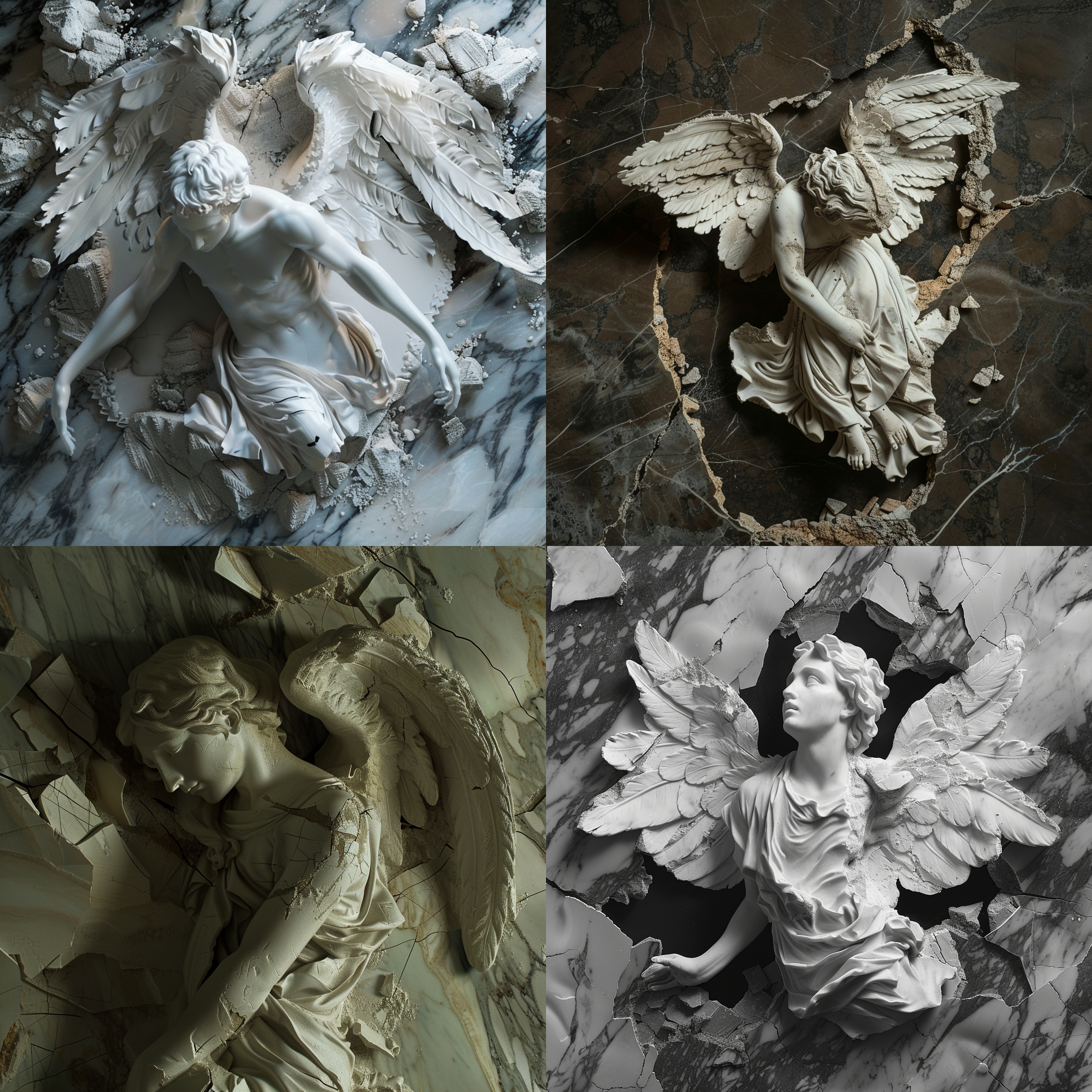 天使雕塑崩溃，俯视角度，白色大理石，伊甸园背景，分裂，崩坏，信仰崩溃，细节损坏，虚幻，庄严，沉重，暗色调。