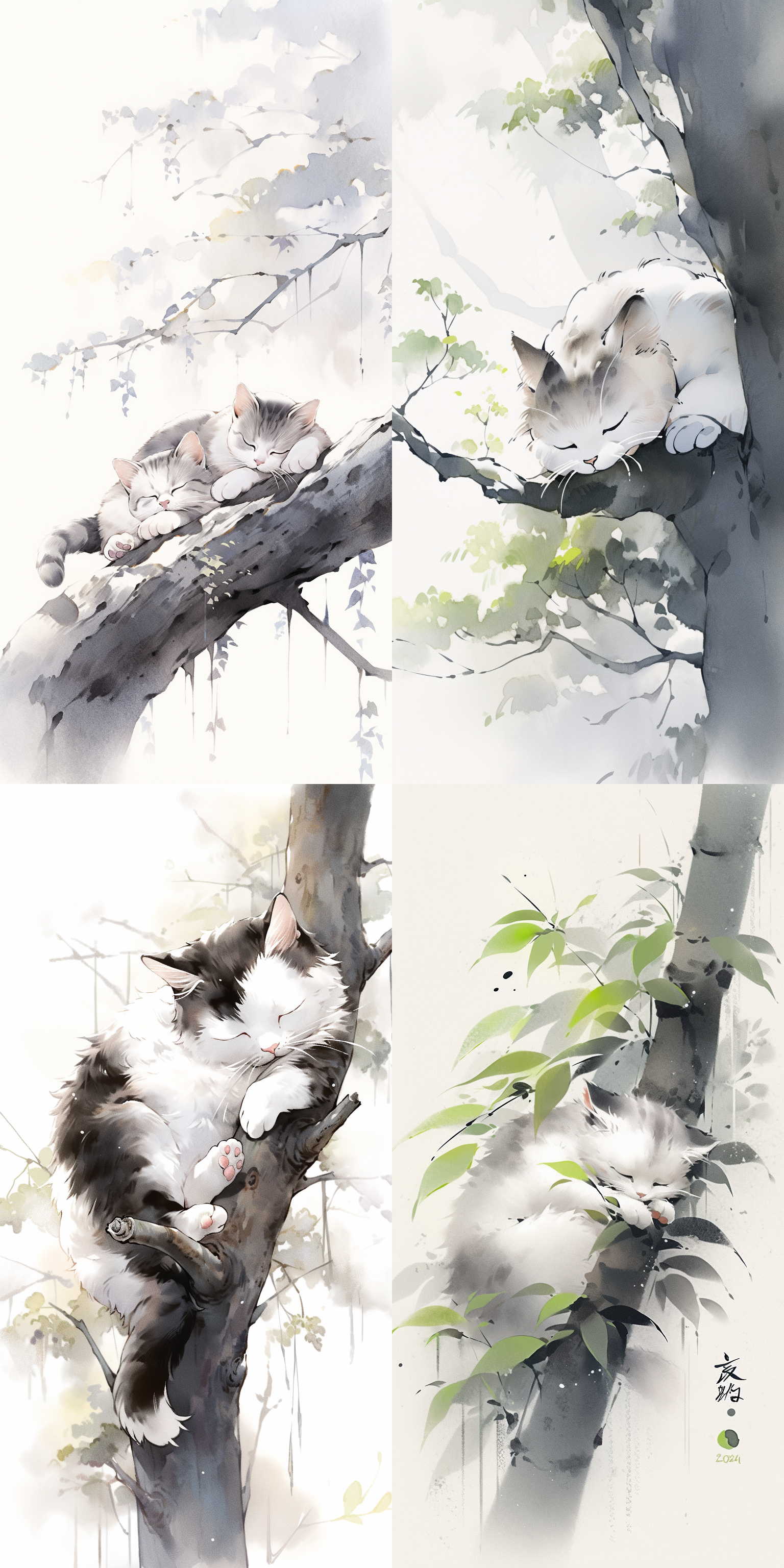a painting of a cat sitting on a tree branch with its eyes closed and a black and white background, a watercolor painting, sōsaku hanga, anime, adrian zingg