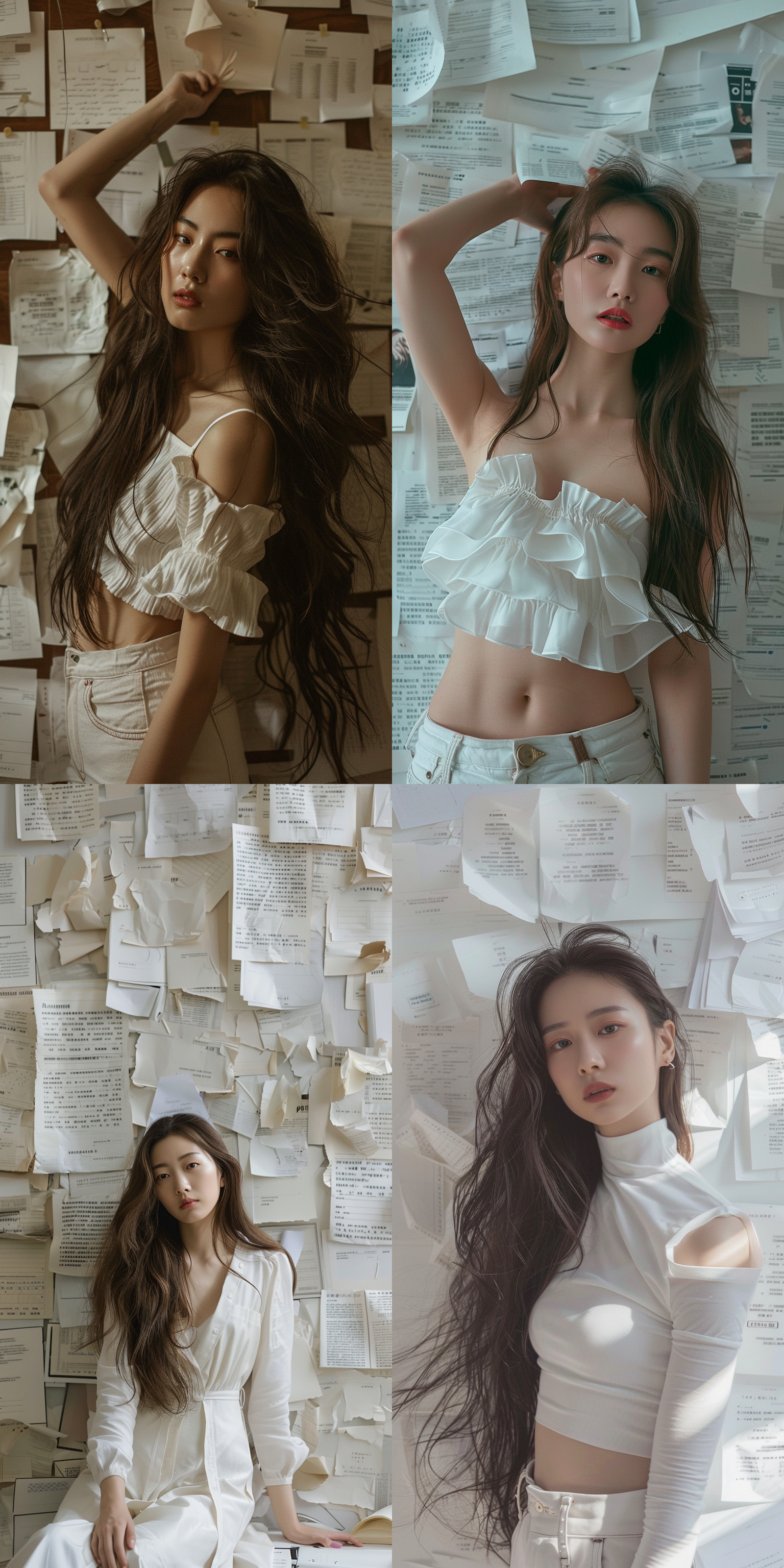 a woman with long hair and a white top is posing for a picture with a lot of papers on the wall, a photocopy, aestheticism, white background, ai xuan