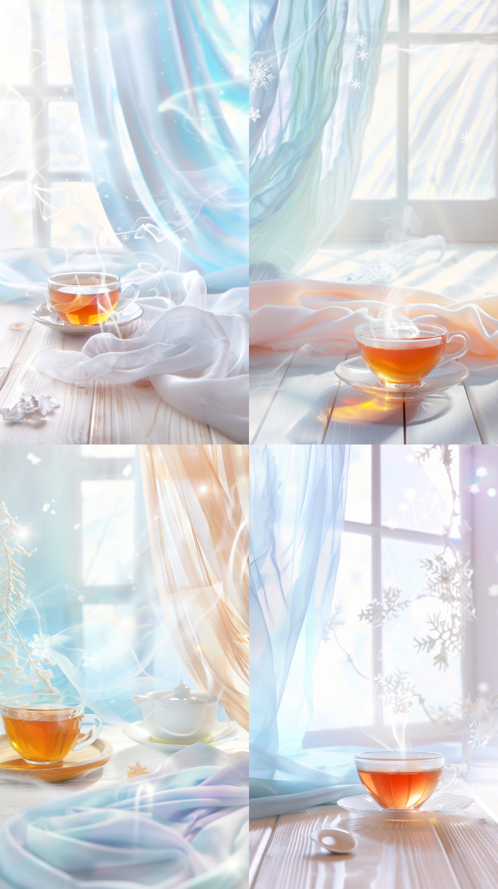 光线，一杯温暖的茶放在桌子上，烟雾弥漫，窗外飘着雪花。