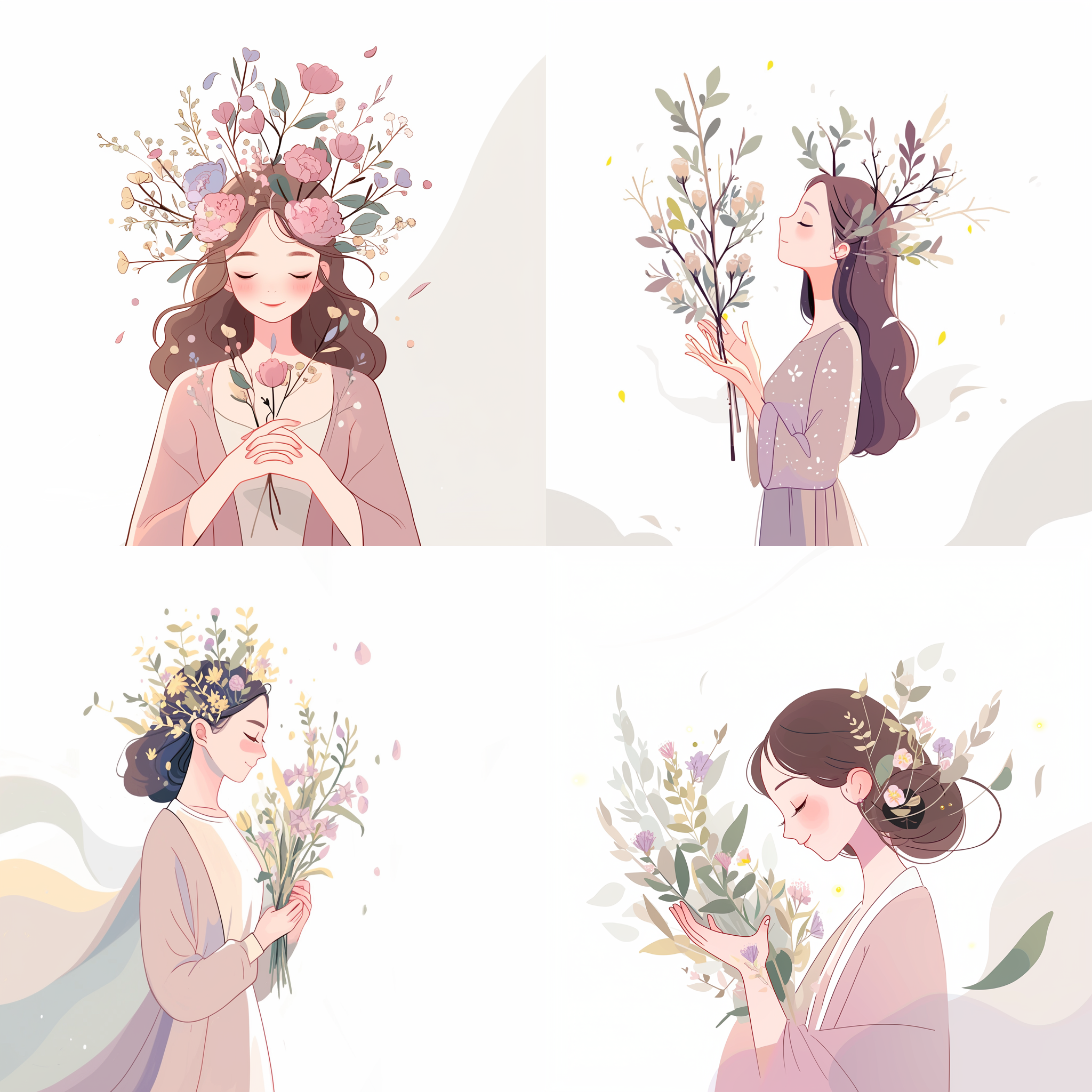 女神节，抱着鲜花，背景纯色，柔光，正面构图，浅色调，长焦镜头，微笑，柔和。彩色，温馨，优雅，自信。