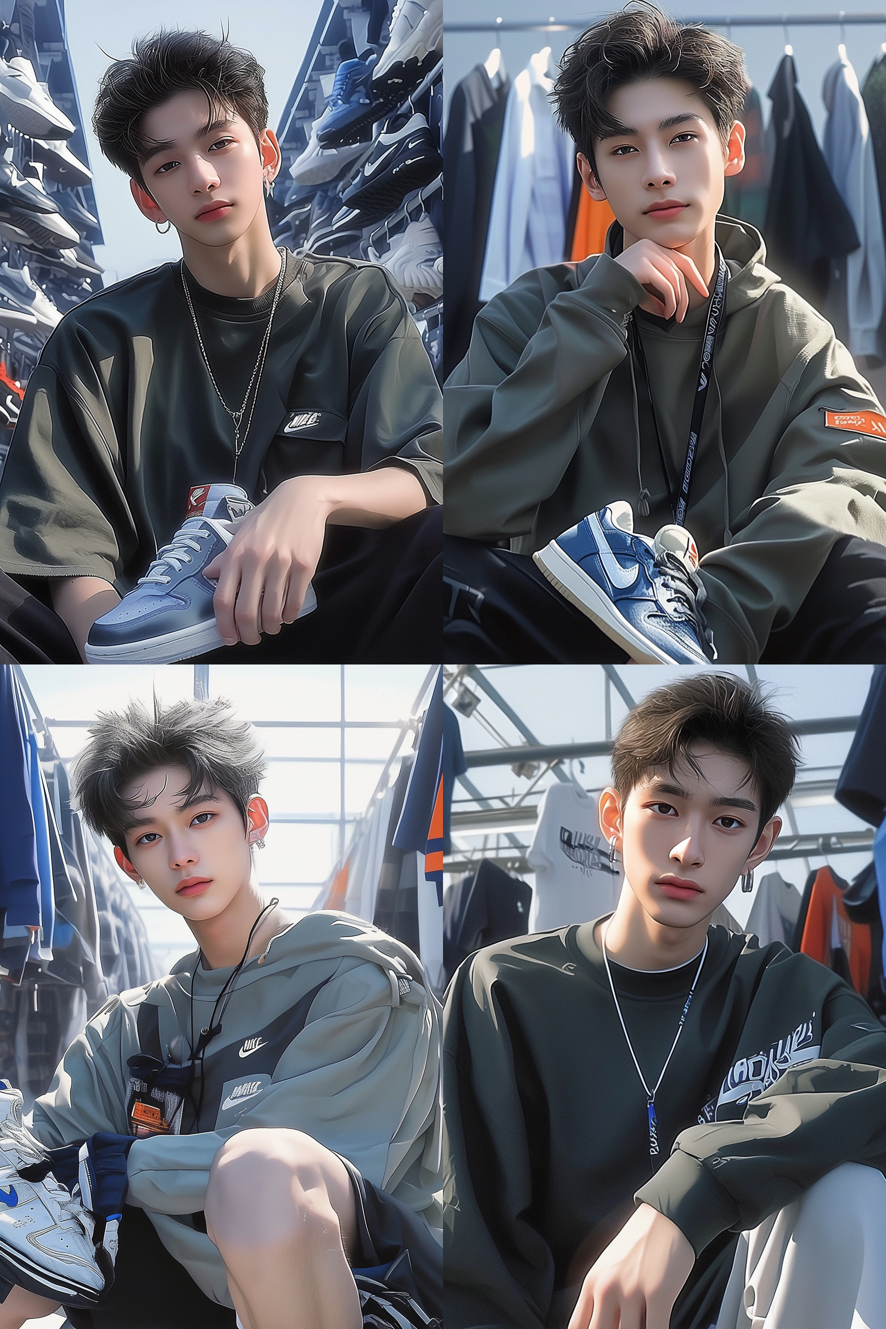 帅气少年被球鞋包围，站在一个明亮的展览厅中。他穿着时尚的运动装，面带微笑，手上拿着一双全新的限量版球鞋。照片采用饱和度高的色彩，透视构图，广角镜头，利用侧光突出球鞋的细节。激情四溢，时尚感十足。