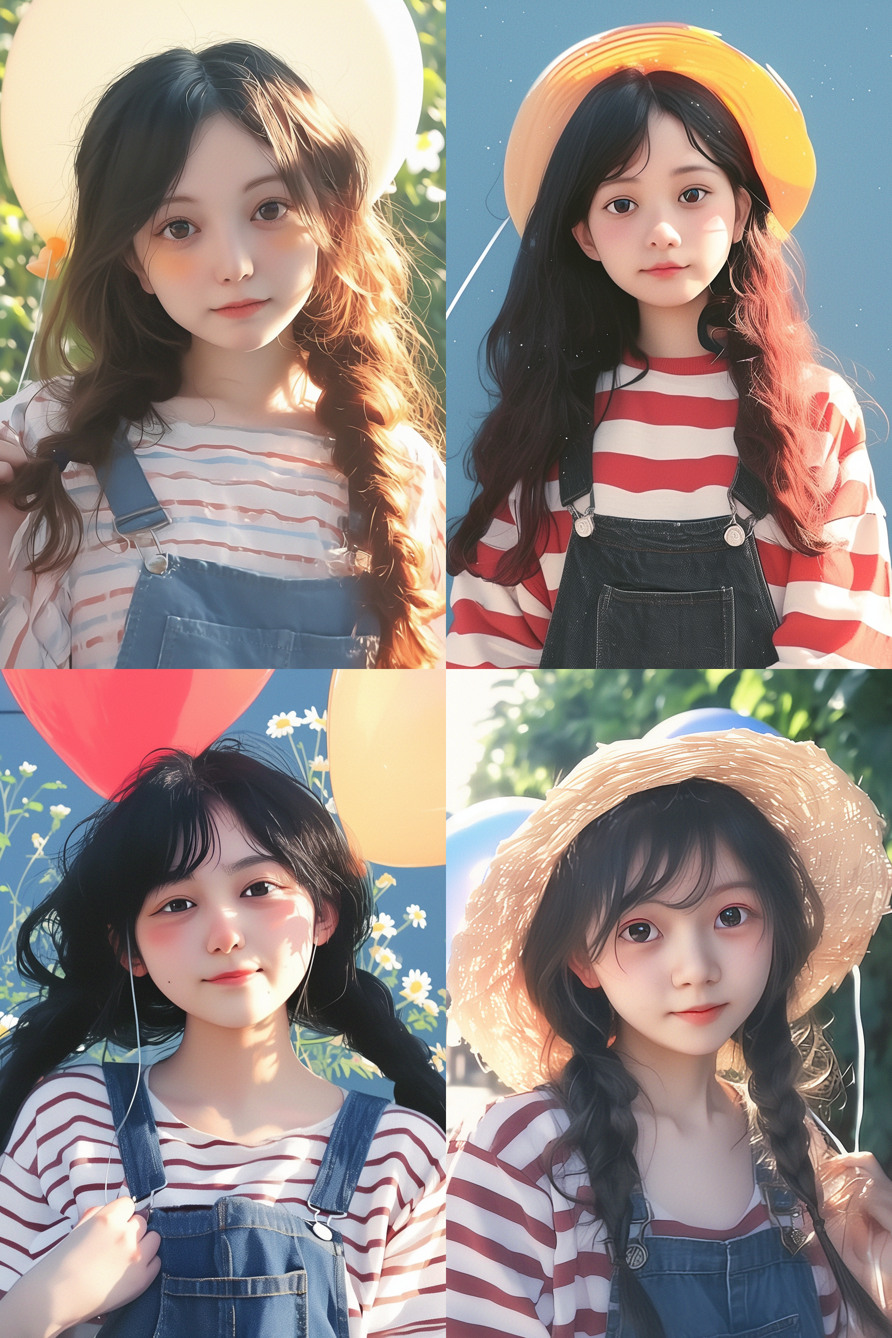 可爱女孩，平面化风格，动漫画质，花园中，明亮色彩，长焦镜头，微笑，手持气球，欢快。