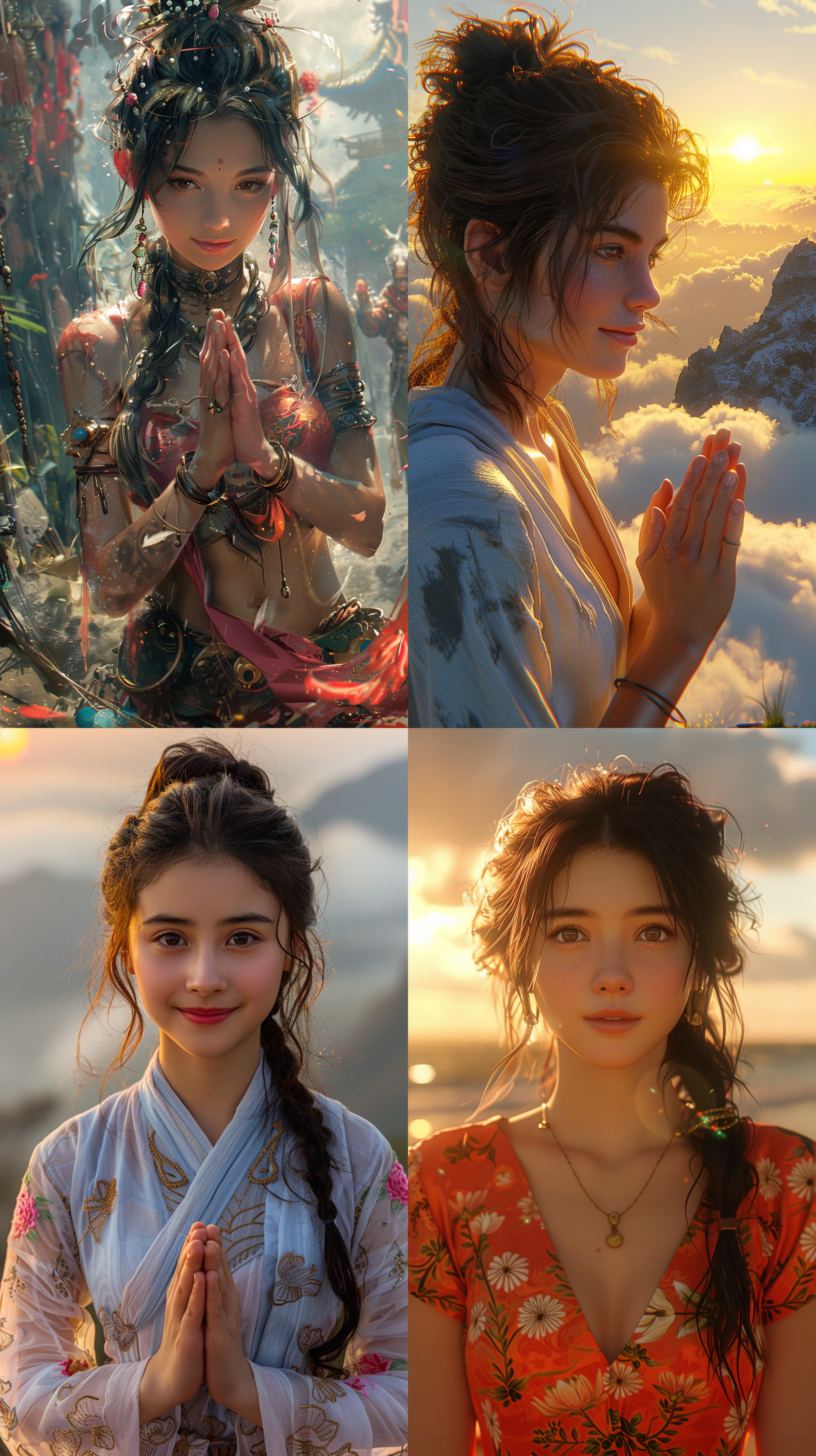 18岁小姑娘扮演观音菩萨，山顶日出，云雾缭绕，唐卡风格，长袖长裙，慈祥微笑，手持莲花，金色光辉，虔诚祈祷，柔和色调，正面视角。 虚幻引擎 