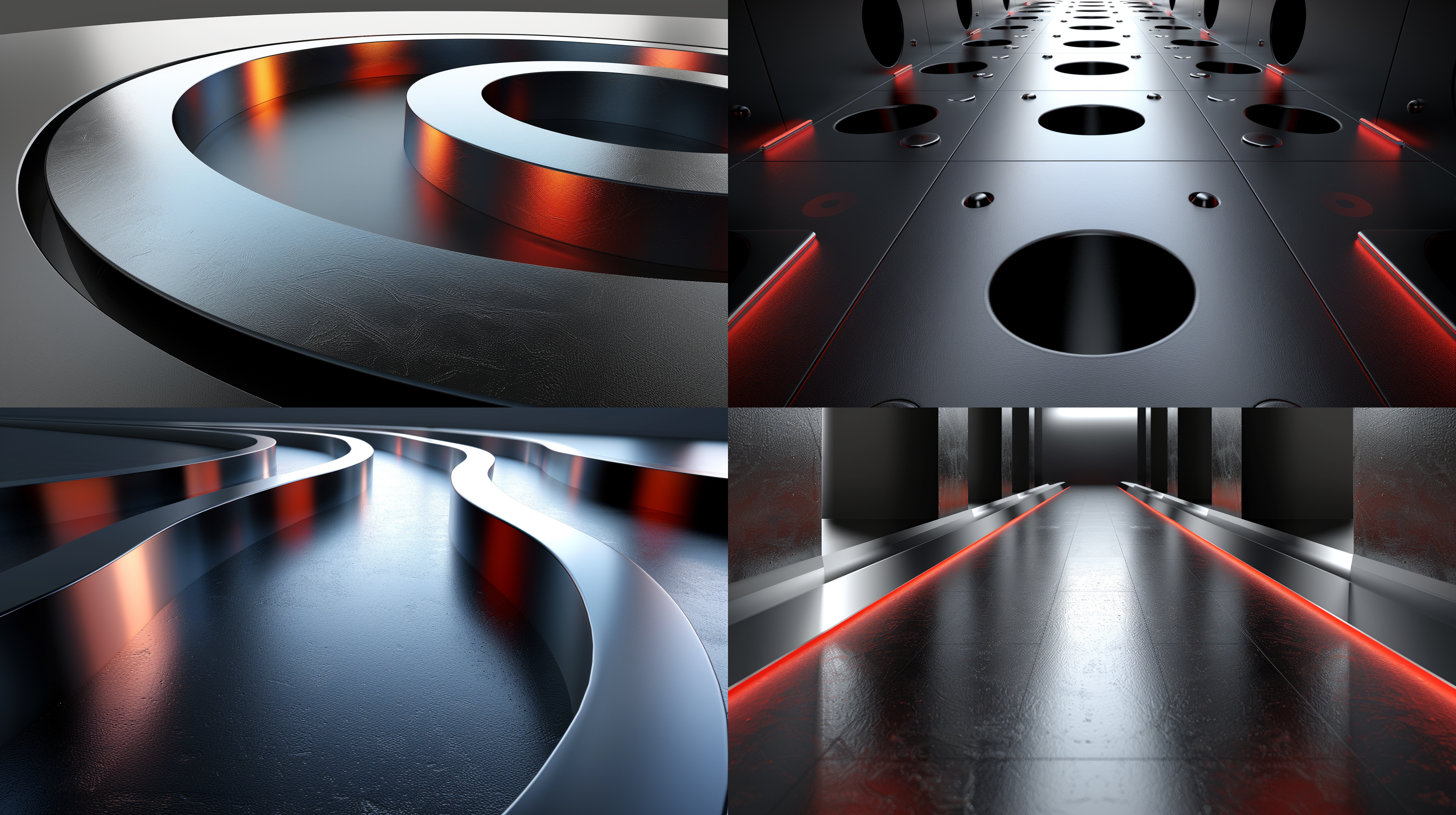 二维渲染，极简主义，大气有张力，环境光，蓝色调，扁平化，高对比度。 金属质感 移动界面 经典黑白红