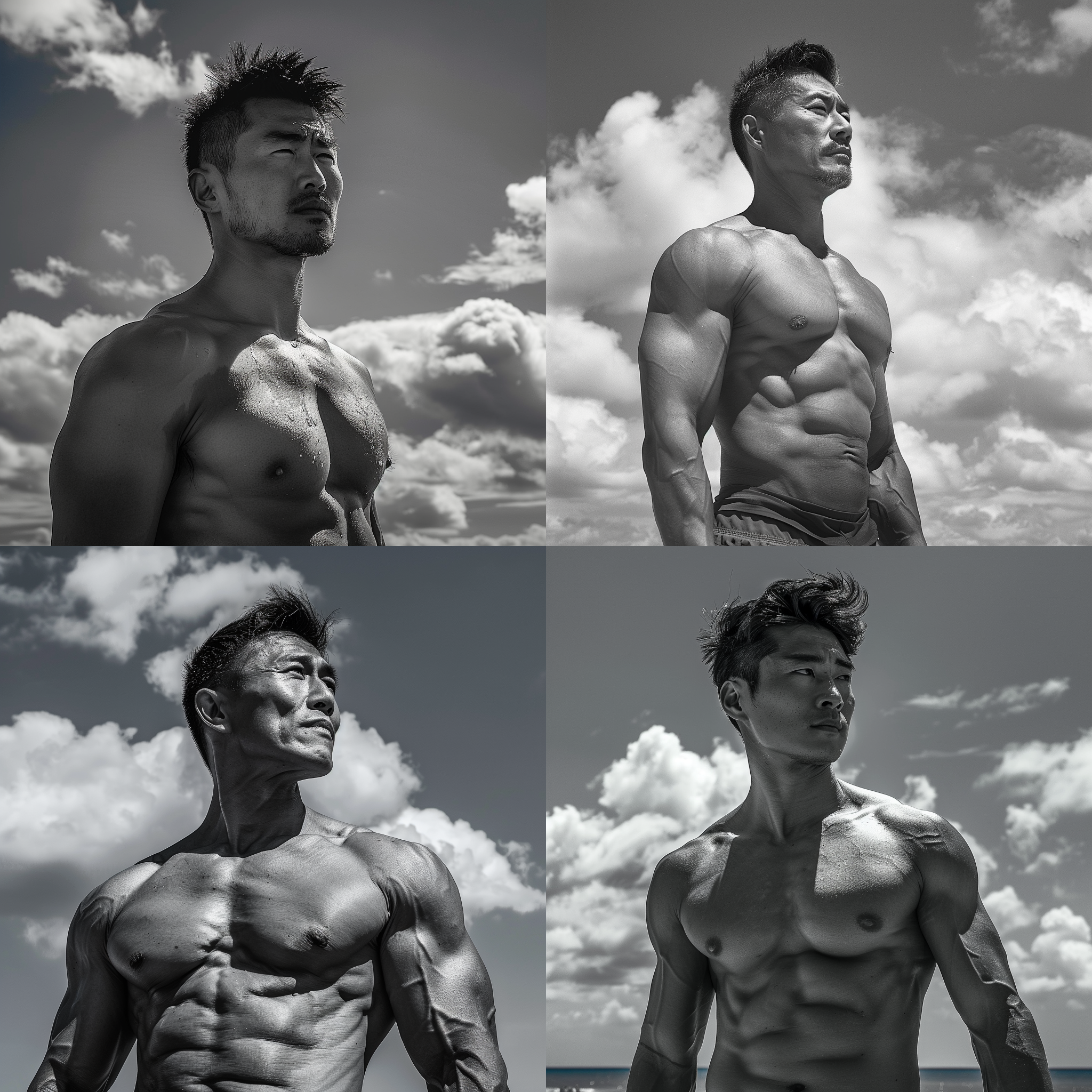亚裔中年壮熊肌肉帅哥，沙滩上，蓝天白云，肌肉线条突出，腹肌明显，阳光直射，黑白色调，大光圈，运动感，自信。