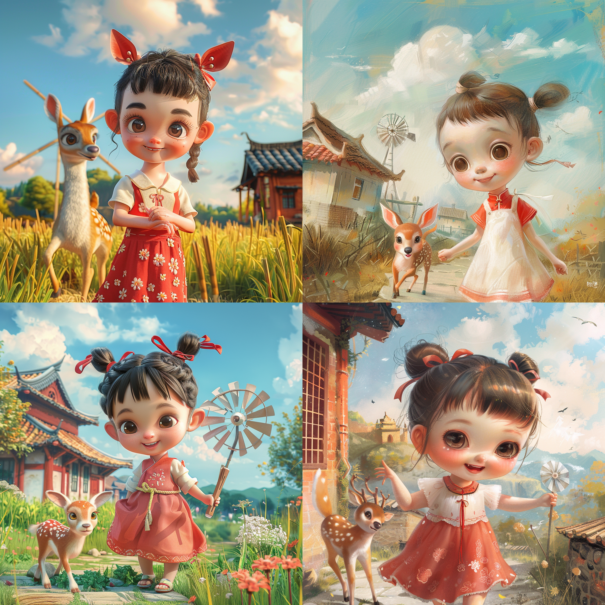 中国小女孩白裙乡间小鹿奔跑，瓜子脸、大眼睛、红裙子、马尾辫，手持风车，微笑， 纯真笑容, 活力四射、远景是田野农村，瓦房背景，真实细节，细节丰富，超清晰，真实质感、消失点构图，长焦距镜头，自然光、蓝天白云，童真快乐、悠闲自在。