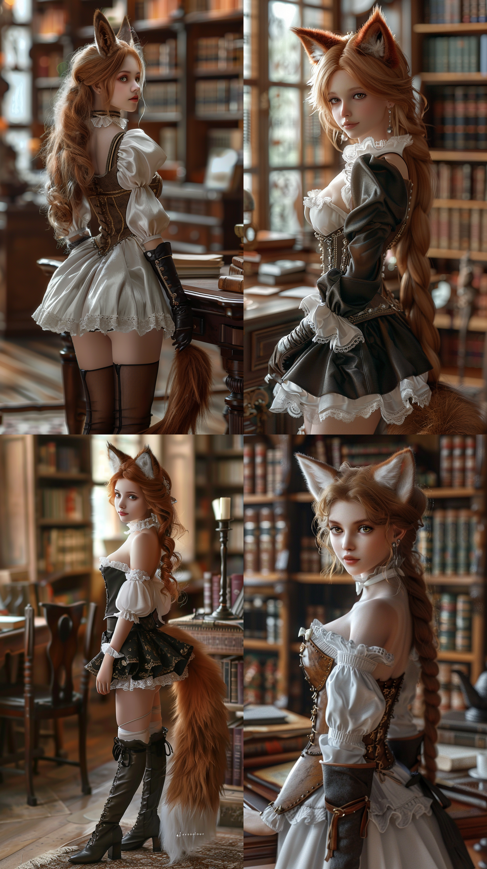 成年女性，柔和的面部，雪白的皮肤，狐狸耳朵，英式黑色女仆装，马丁靴，栗色头发，背景是书架和书桌，4k，立姿，全身 并列构图 图书馆背景