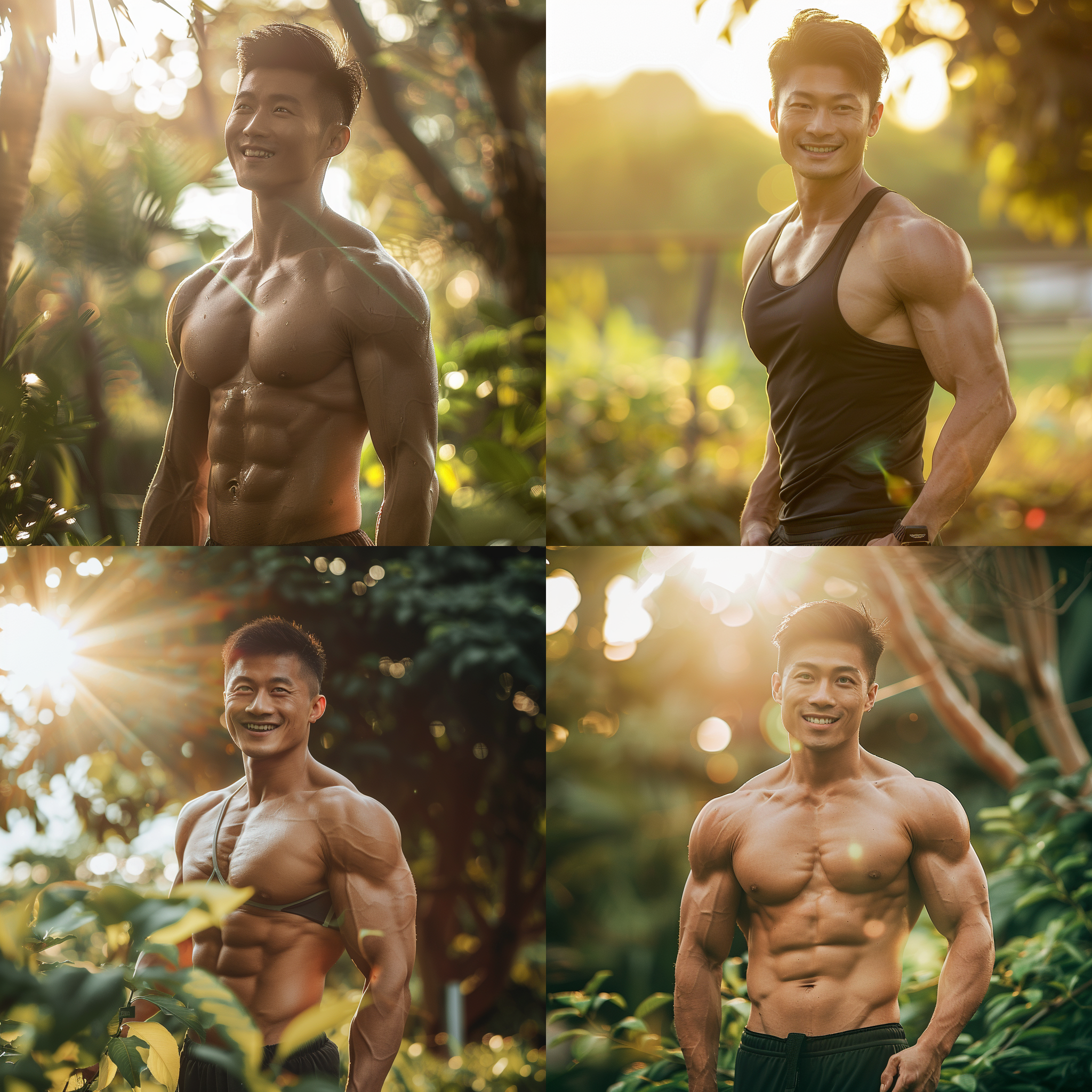 亚裔中年壮熊肌肉帅哥在户外，展示肌肉，阳光下，自然风光，健身服装，自信微笑，大光圈，长焦镜头，动作自然，肌肉线条，绿色植被，阳光照射，阳光明媚，阳光下眩目。