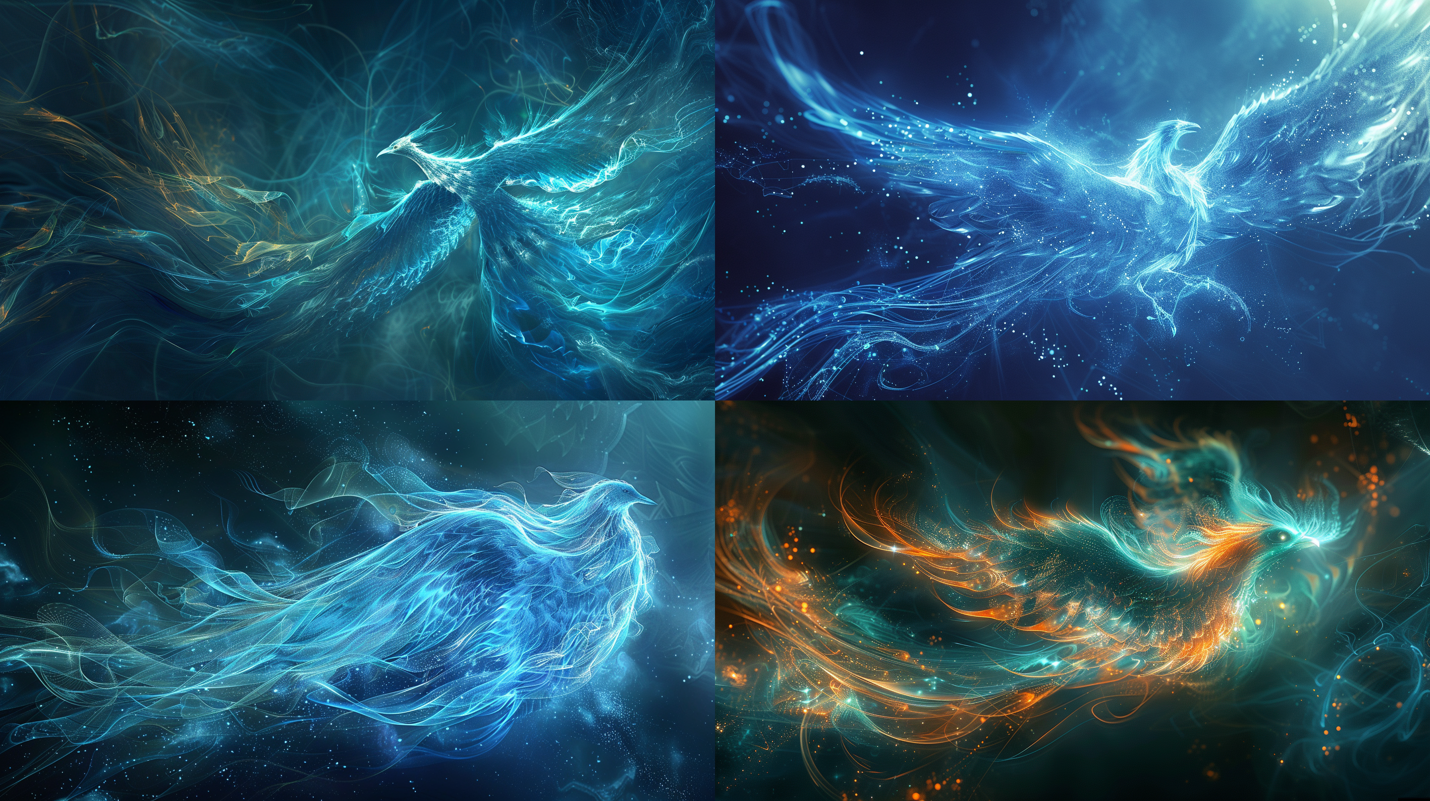 半透明火凤凰，细致线条构成，发光点缀，数字化外观，逼真外观，抽象光线拉丝网络，高亮度，数码风格，光影效果，蓝色调，神秘感