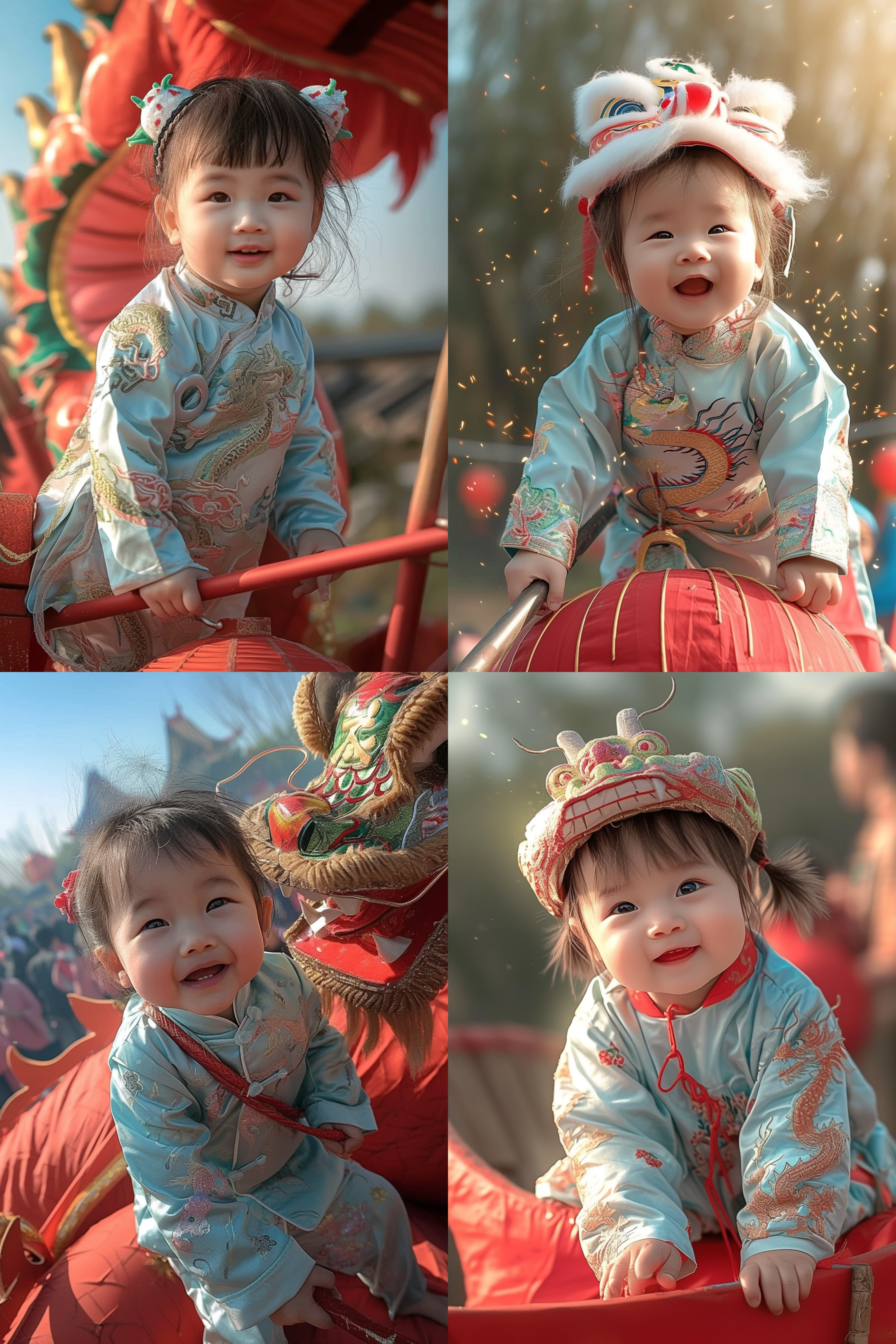 可爱的龙年宝宝，穿着红色龙袍，站在春节花车上。背景是热闹的庆祝场景，有灯笼、舞狮、鞭炮等元素。照片风格明亮炫目，色彩鲜艳，使用广角镜头拍摄，捕捉到宝宝开心灿烂的笑容。映衬着喜庆的氛围，传达出幸福和欢乐的情感。