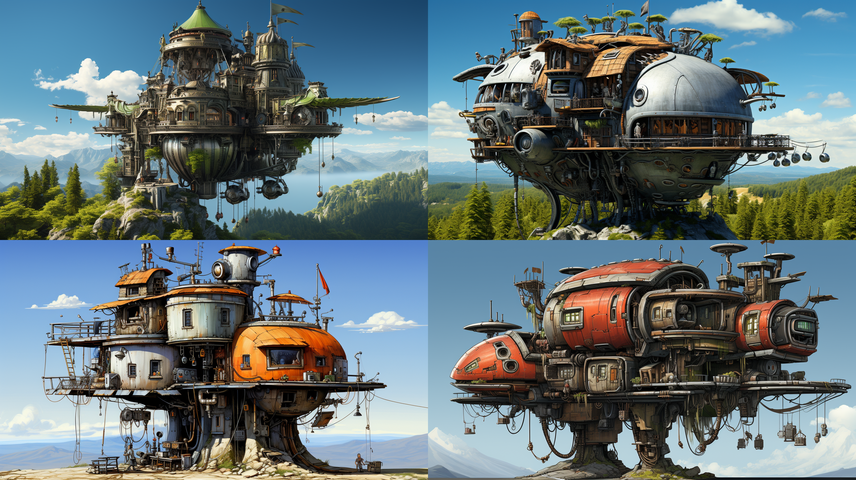 移动城堡，岩石底座，机械鸟腿，黑色短翅膀，类似飞龙，螺旋桨尾巴。中层是红砖屋顶白墙的房子，周围绿树环绕。上层蒸汽朋克风格，柴油朋克设计，机器人脸，两个突出的圆眼睛，顶部有小观察塔，侧面有一个观察平台，背后有一个圆柱形结构，悬挂着几块小布料，并漂浮在空中，行走在山坡上，以8k分辨率呈现。 移动城堡, 岩石底座, 机械鸟腿, 黑色短翅膀, 飞龙, 螺旋桨尾巴, 红砖屋顶, 白墙, 绿树, 蒸汽朋克, 柴油朋克, 机器人脸, 圆眼睛, 观察塔, 观察平台, 圆柱形结构, 小布料, 山坡, 8k分辨率