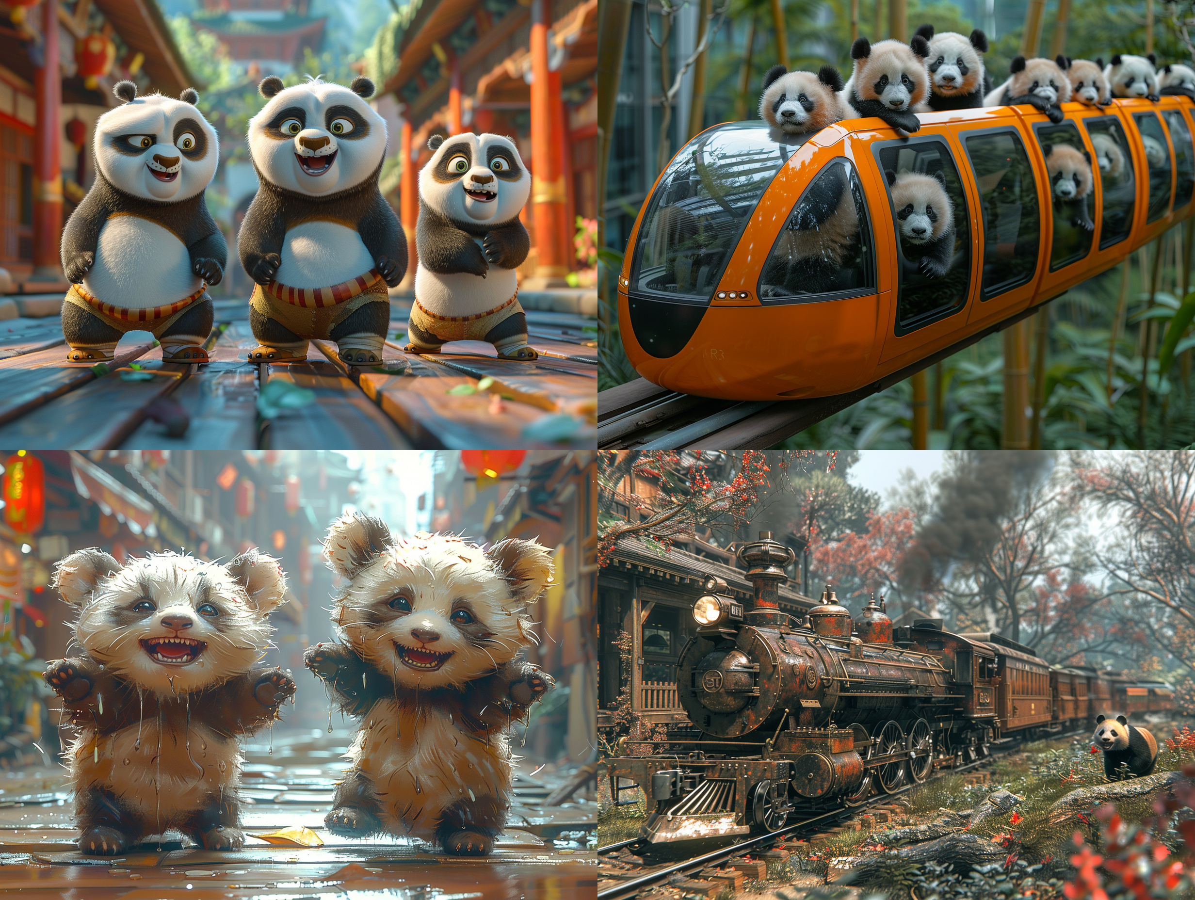 熊猫列车穿越高架桥，熊猫起舞，阳光明媚，春天气息，柔和自然光，3d渲染，虚拟引擎，超高清8k，超写实主义，3d风格，梦幻环境，热闹欢快，温暖色调，生动。