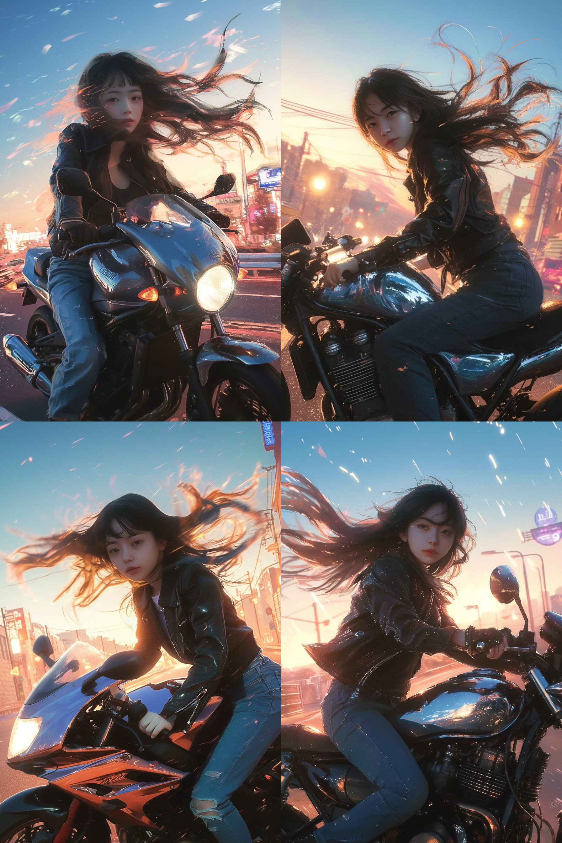 女生骑摩托，穿着皮夹克和头盔，背景是城市街道，日落时分，迎风驰骋，动感十足，侧光，中焦镜头，高速快门，自由，活力，冒险。