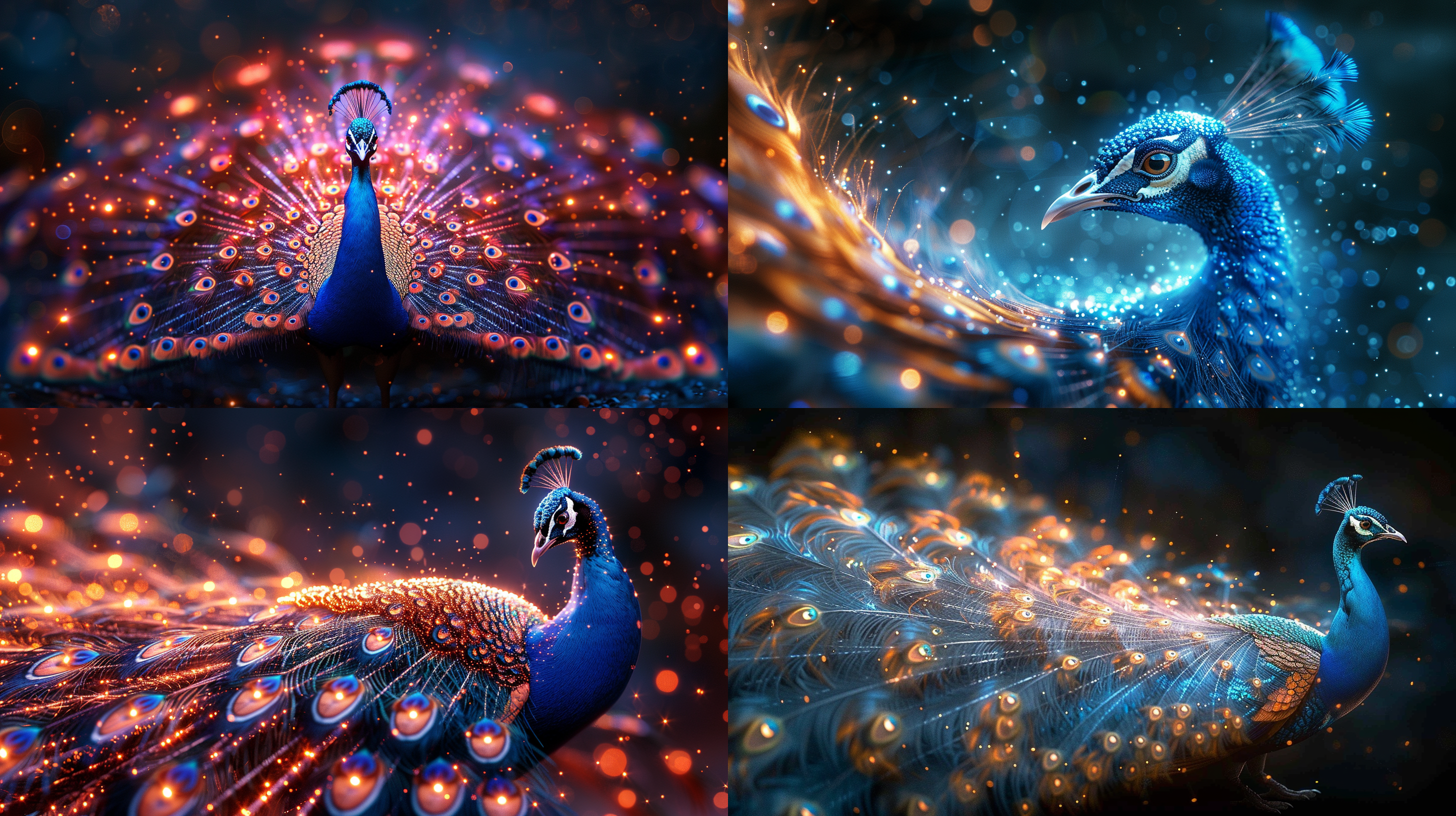 一只透明的孔雀，细致线条构成，发光点缀，数字化外观，逼真外观，抽象光线拉丝网络，高亮度，数码风格，光影效果，蓝色调，神秘感，广角镜头