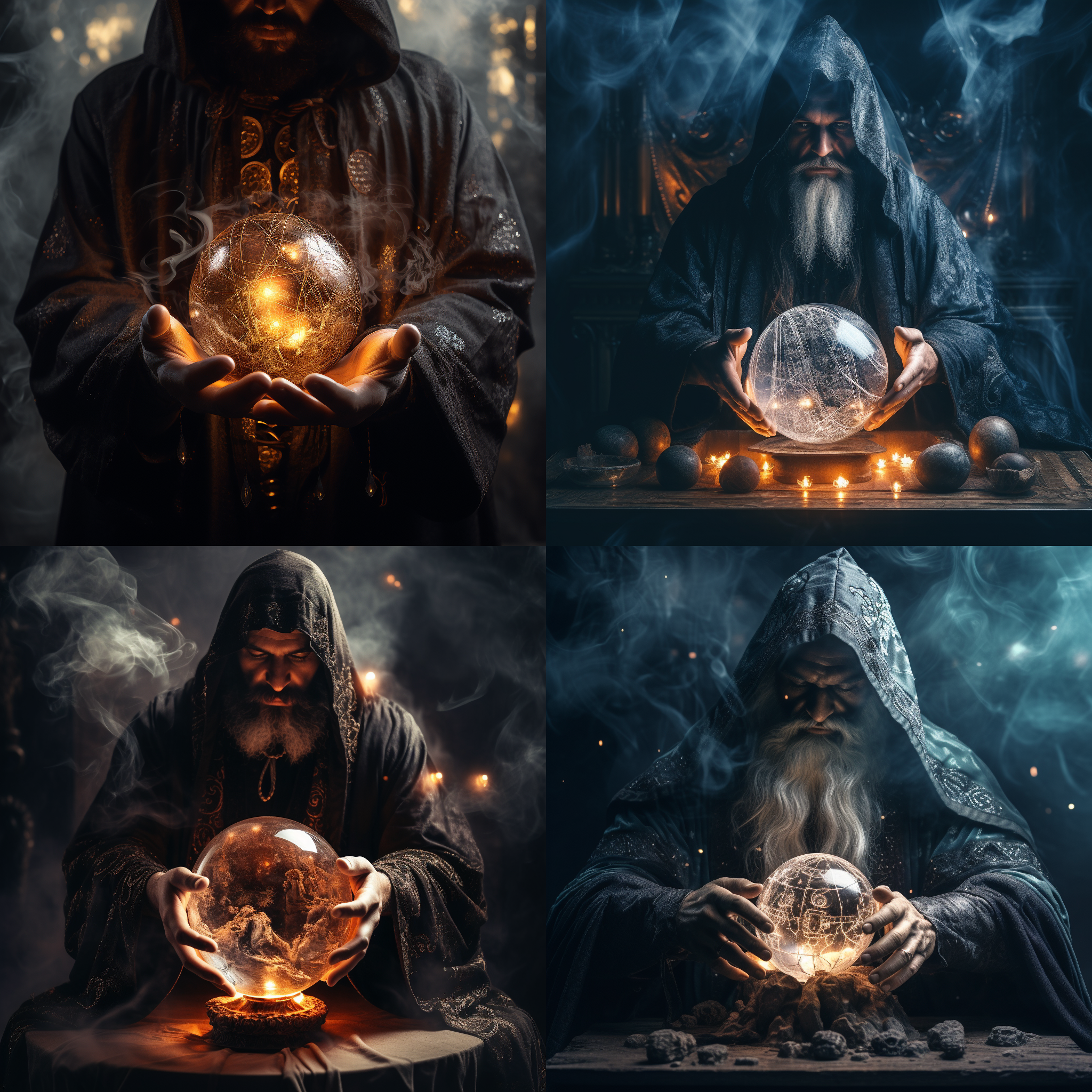 预言之光，神秘仪式，占卜图案，暗黑色调，中心构图，仪式感，神秘氛围，巫师装扮，水晶球，烟雾效果，魔法元素，紧张气氛。